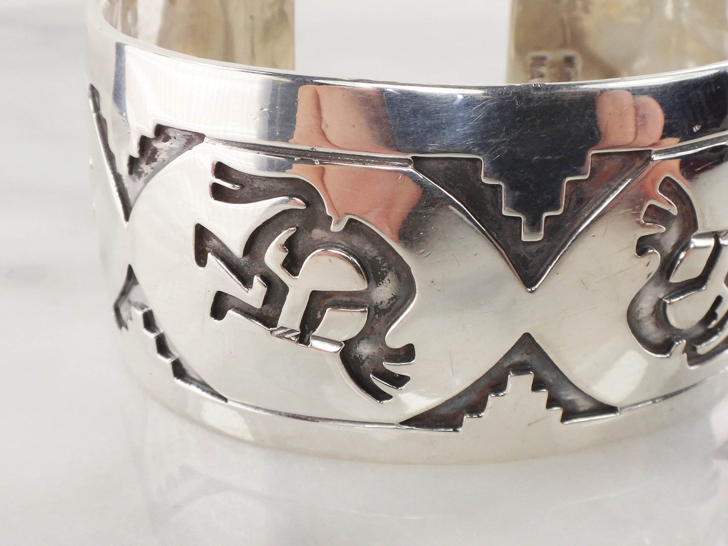 Vintage Sterling Silver Kokopelli Southwestern Cuff Bracelet Signed by Native American Designer Michael Tahe Wide Cuff