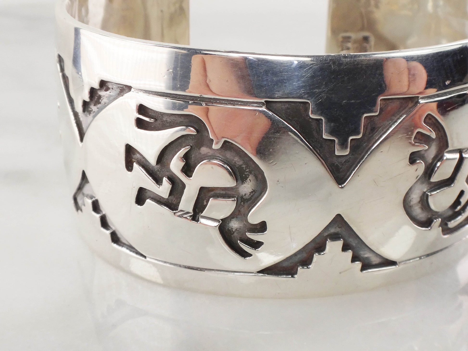 Vintage Sterling Silver Kokopelli Southwestern Cuff Bracelet Signed by Native American Designer Michael Tahe Wide Cuff