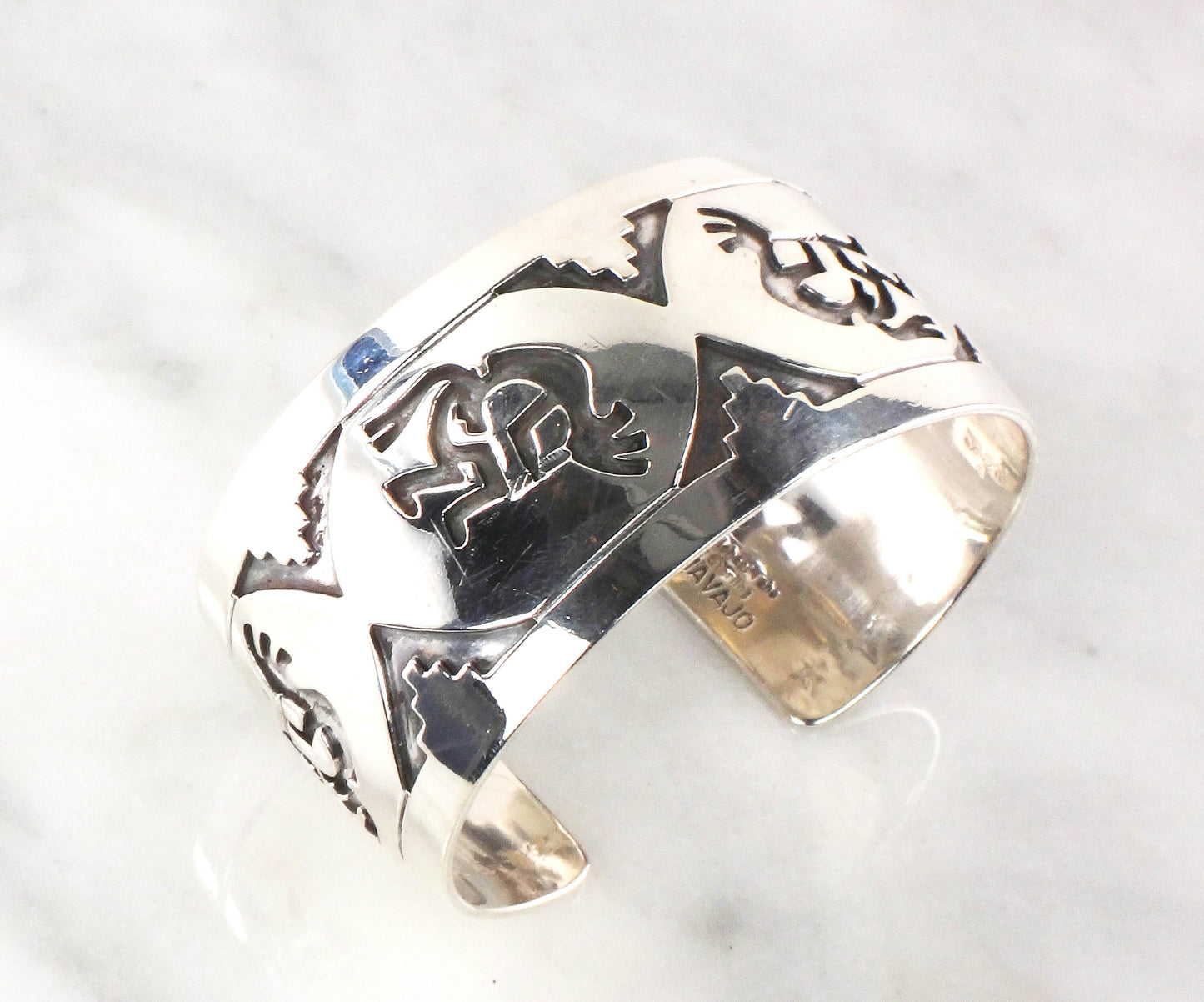 Vintage Sterling Silver Kokopelli Southwestern Cuff Bracelet Signed by Native American Designer Michael Tahe Wide Cuff