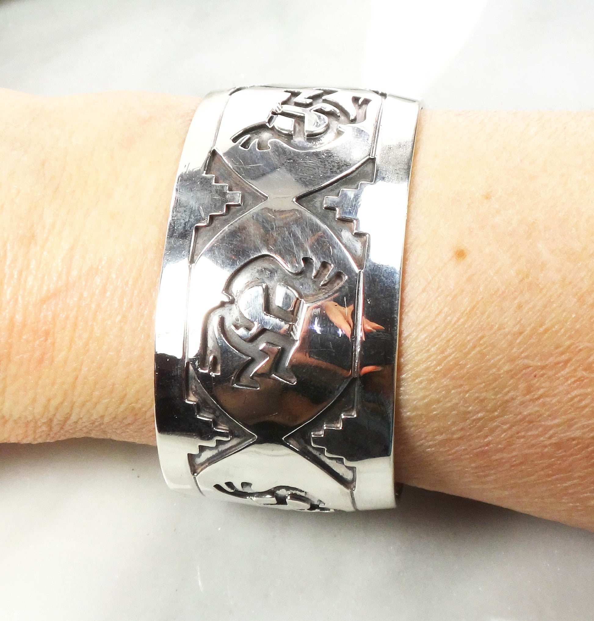 Vintage Sterling Silver Kokopelli Southwestern Cuff Bracelet Signed by Native American Designer Michael Tahe Wide Cuff