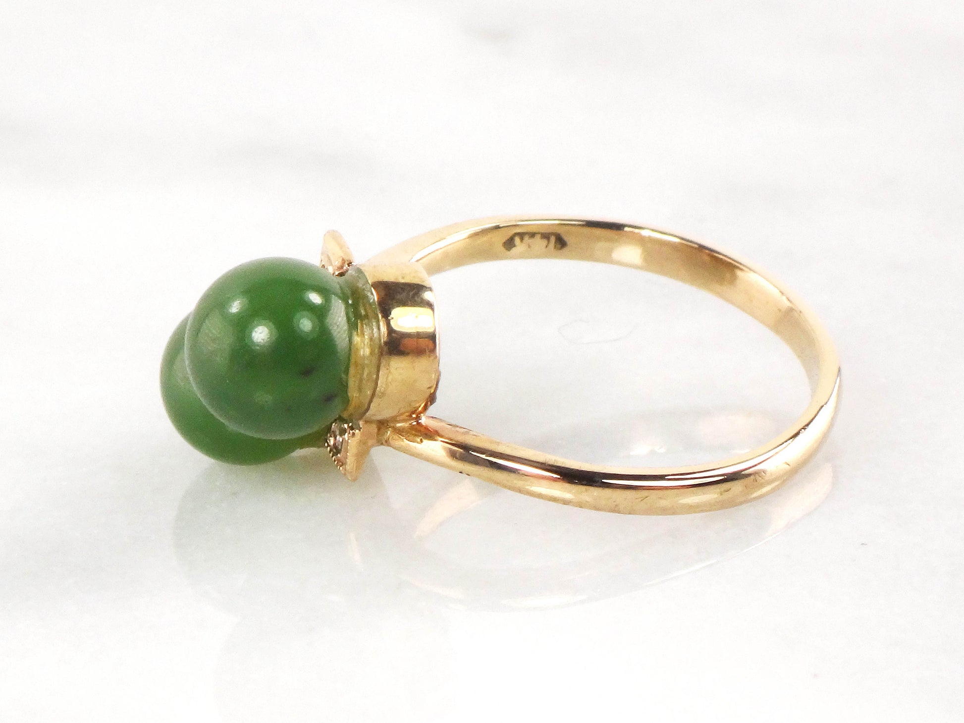 Vintage 14k Yellow Gold Chrysoprase Ball Ring with Diamond Accents