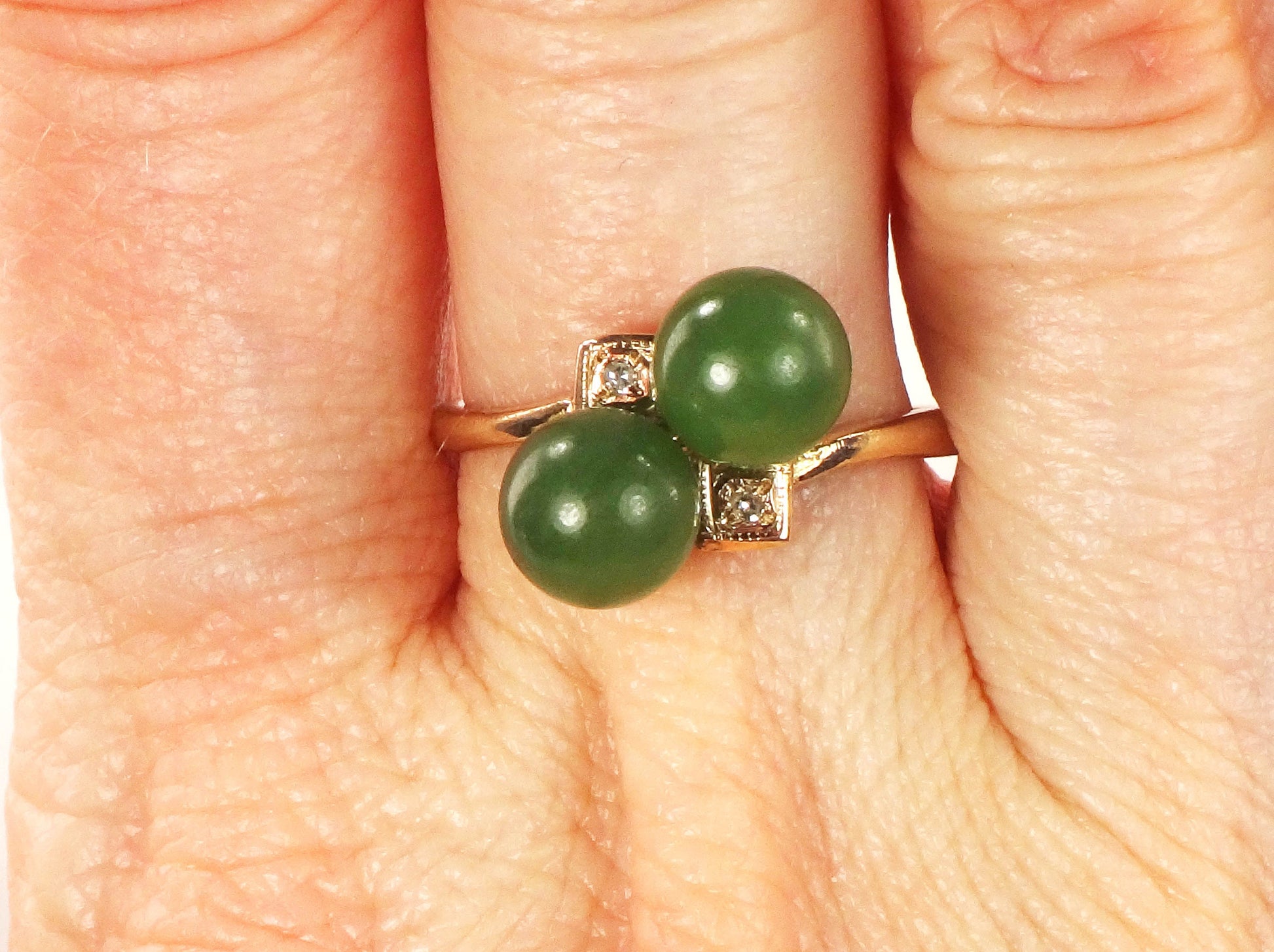 Vintage 14k Yellow Gold Chrysoprase Ball Ring with Diamond Accents