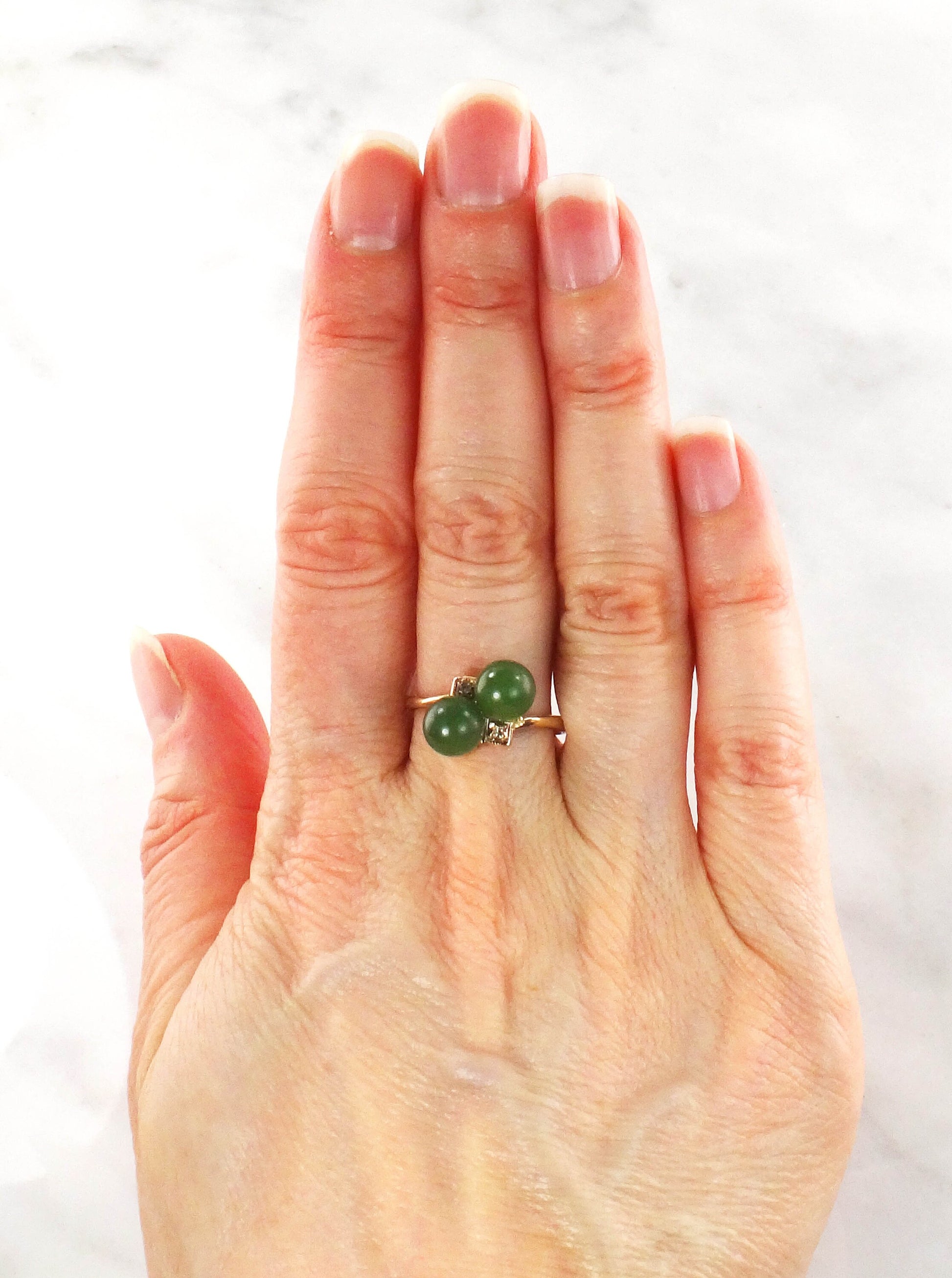 Vintage 14k Yellow Gold Chrysoprase Ball Ring with Diamond Accents