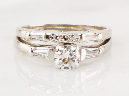 Vintage Diamond Wedding Ring Set: Platinum Engagement Ring, 14k Gold Band