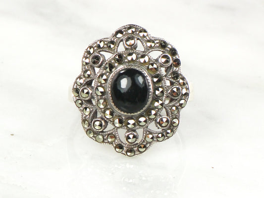 Vintage Sterling Silver Floral Marcasite Onyx Ring Size 8 1/4