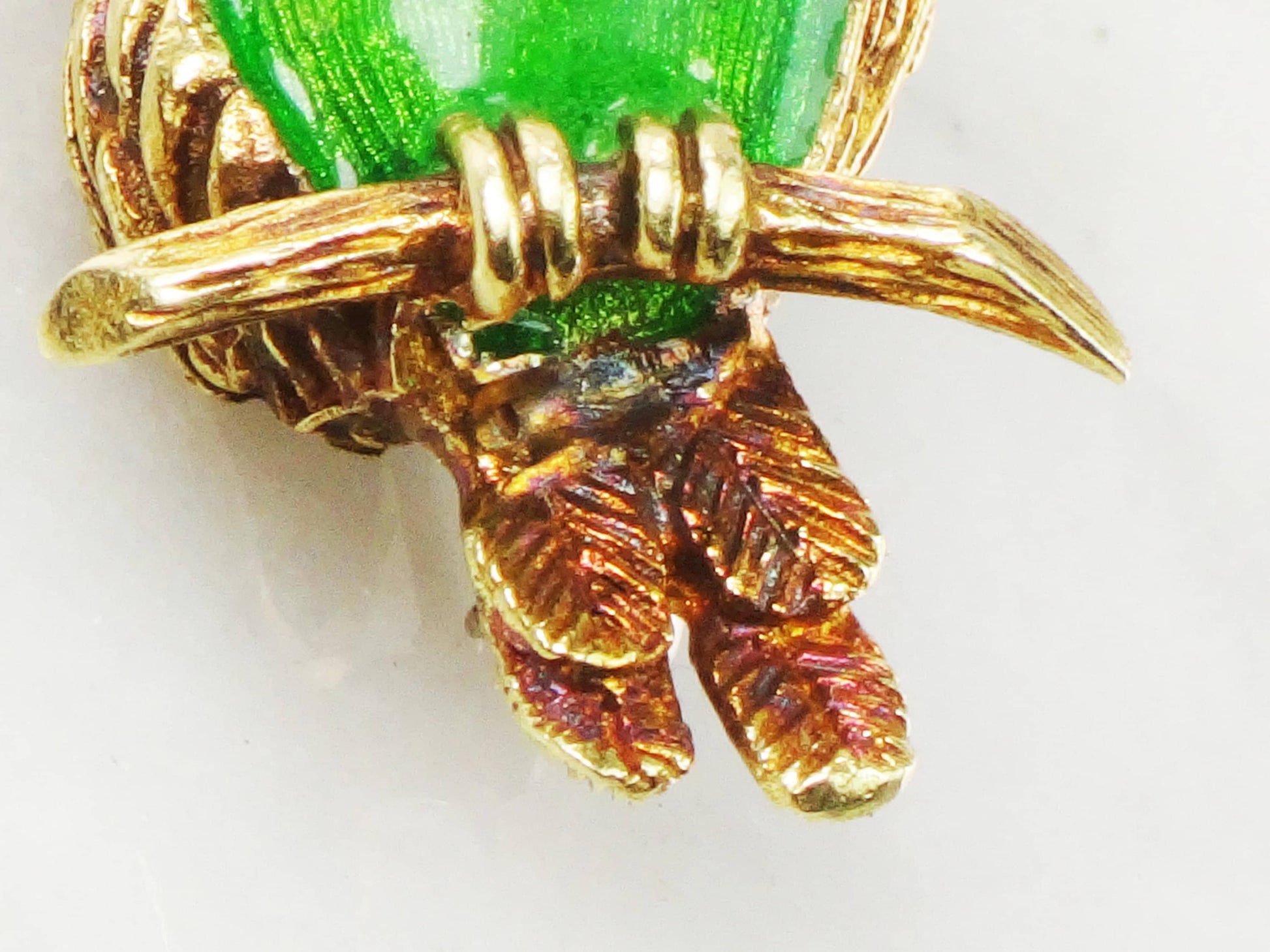 Vintage 18k Gold Enamel Parrot Pin: Red Spinel Eye Brooch