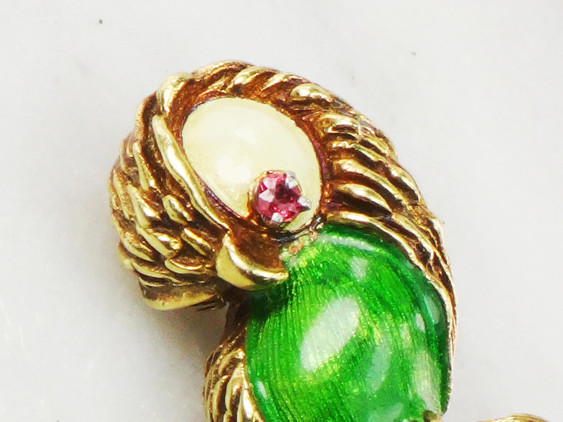 Vintage 18k Gold Enamel Parrot Pin: Red Spinel Eye Brooch