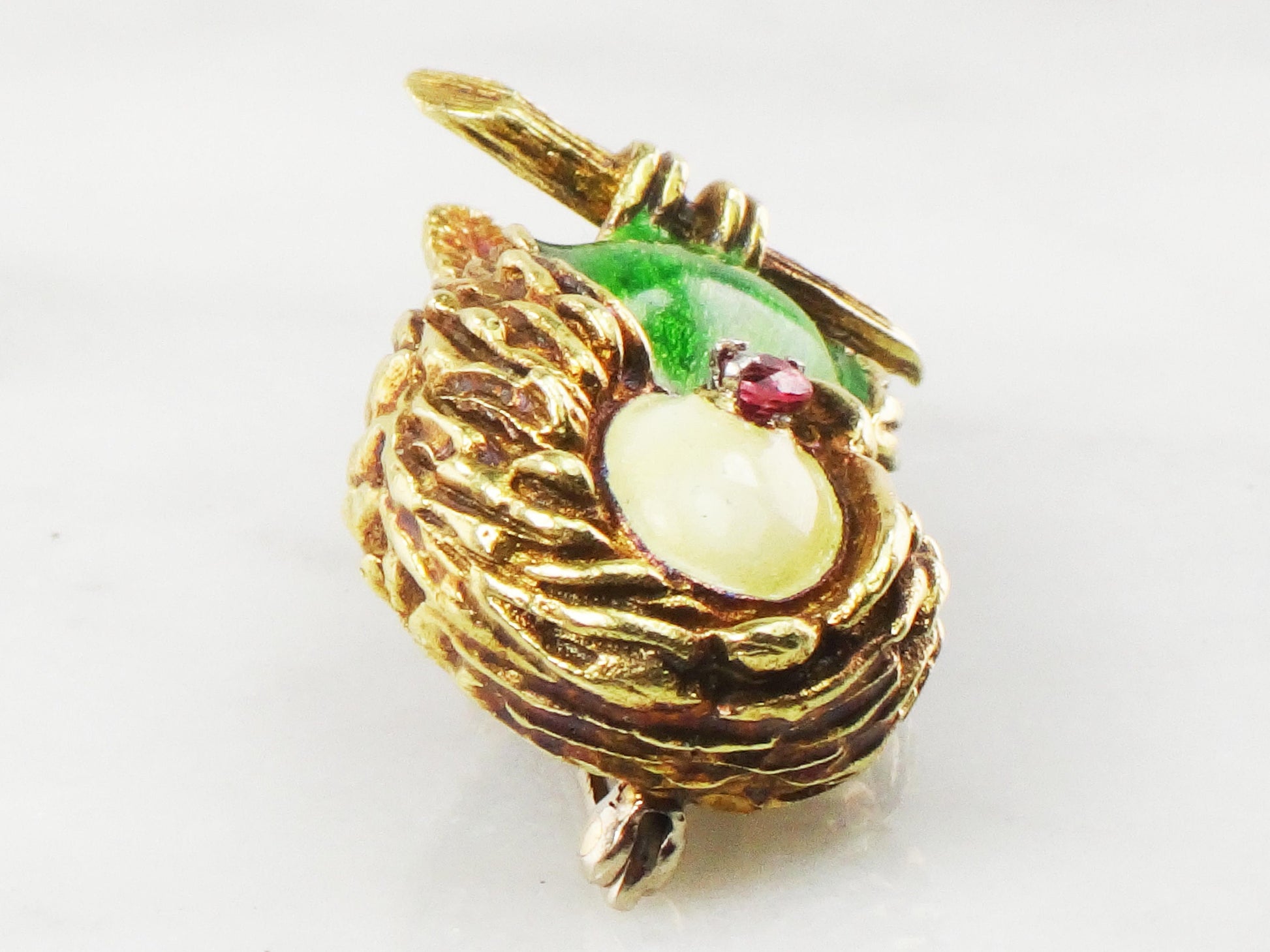 Vintage 18k Gold Enamel Parrot Pin: Red Spinel Eye Brooch