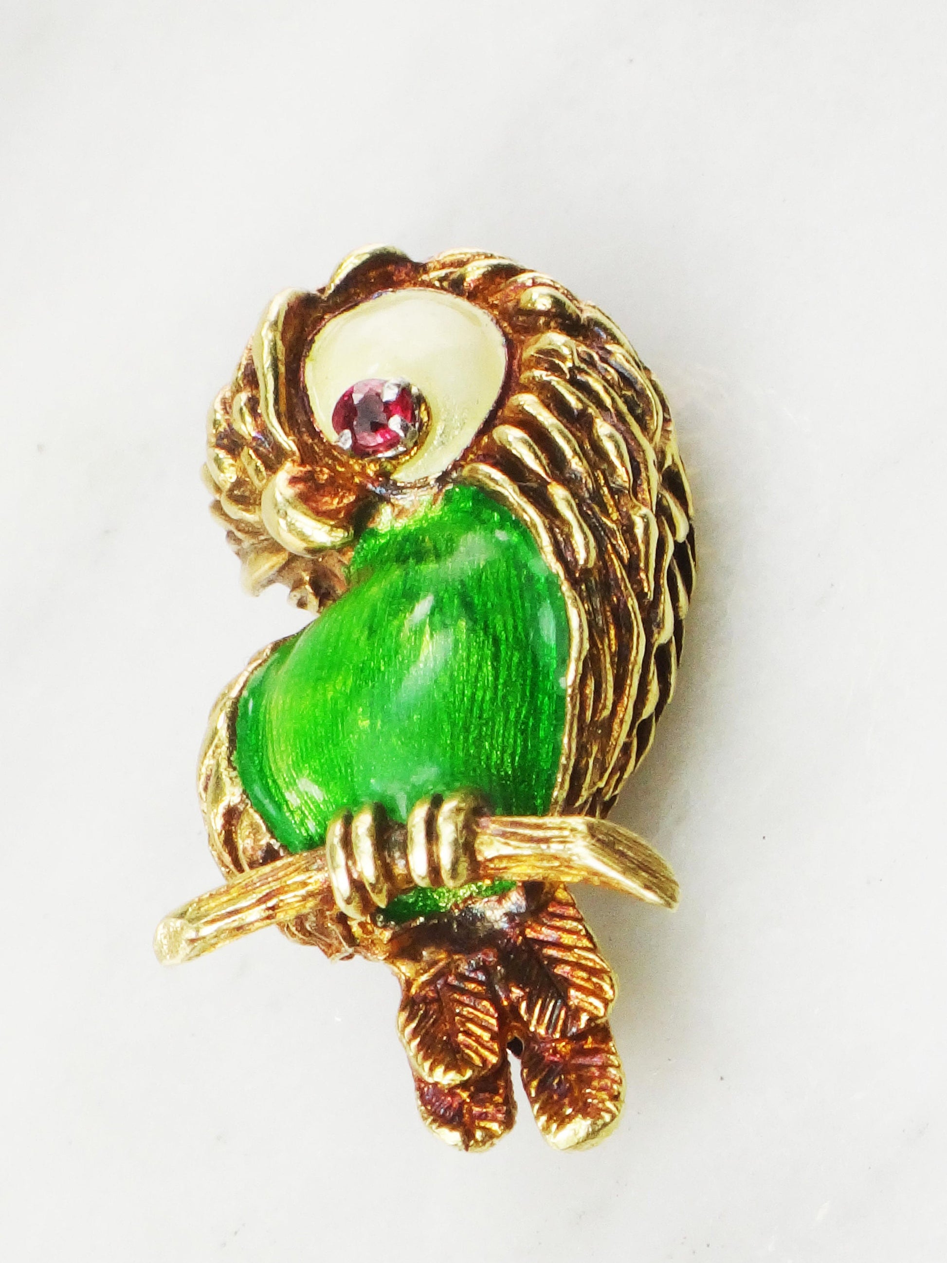 Vintage 18k Gold Enamel Parrot Pin: Red Spinel Eye Brooch