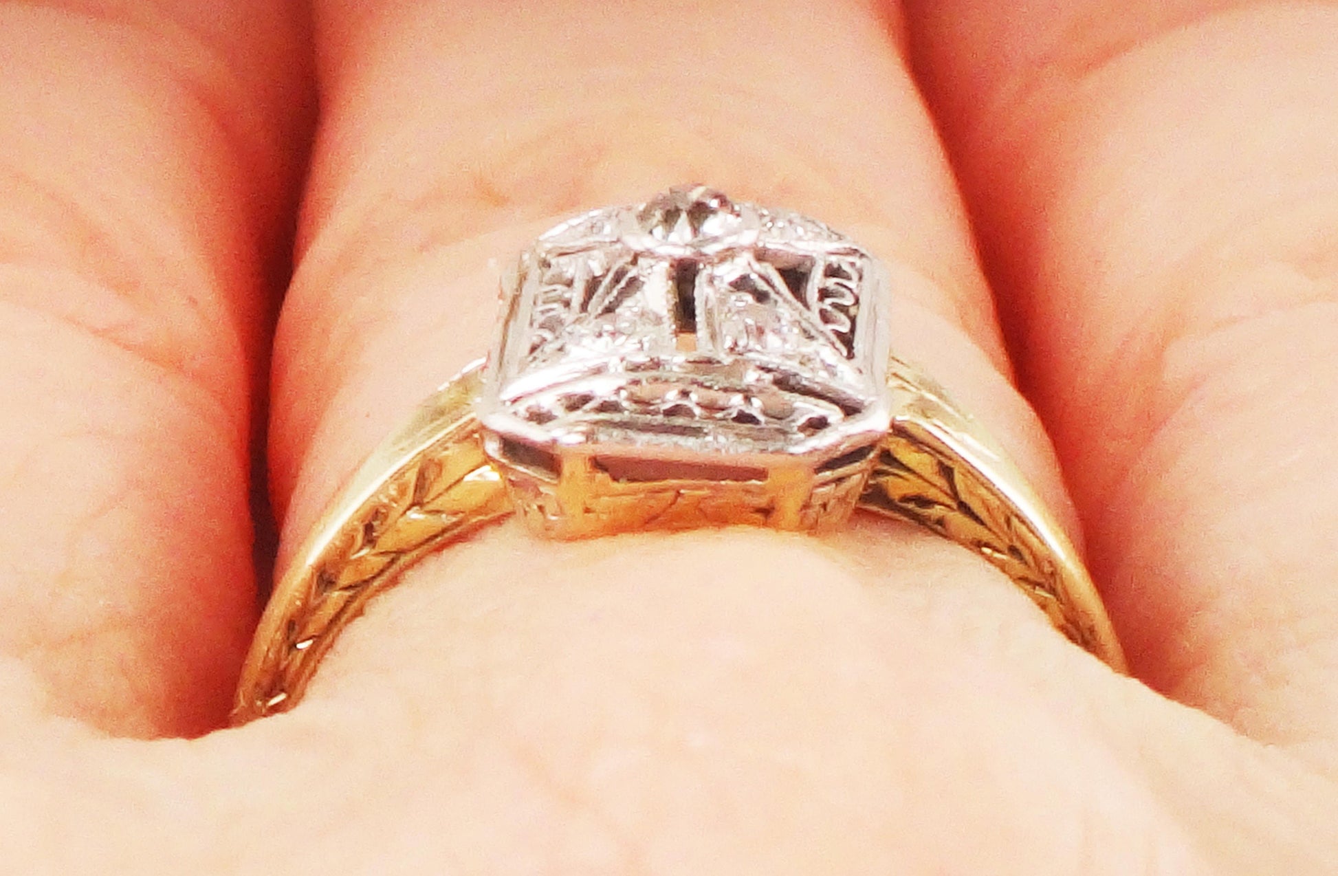 Antique 14k & Platinum Diamond Ring: 1920s Art Deco Old Mine Cut