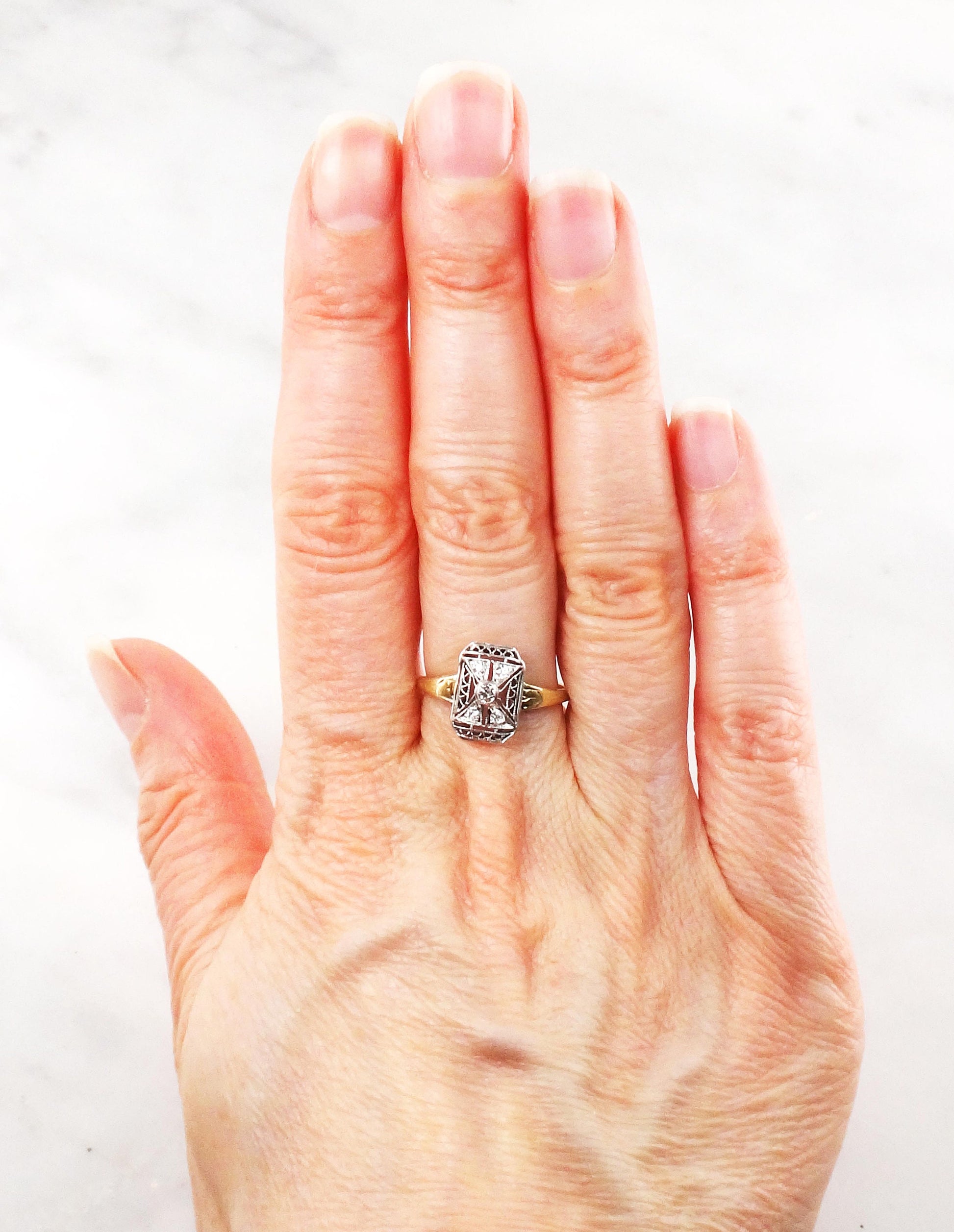 Antique 14k & Platinum Diamond Ring: 1920s Art Deco Old Mine Cut