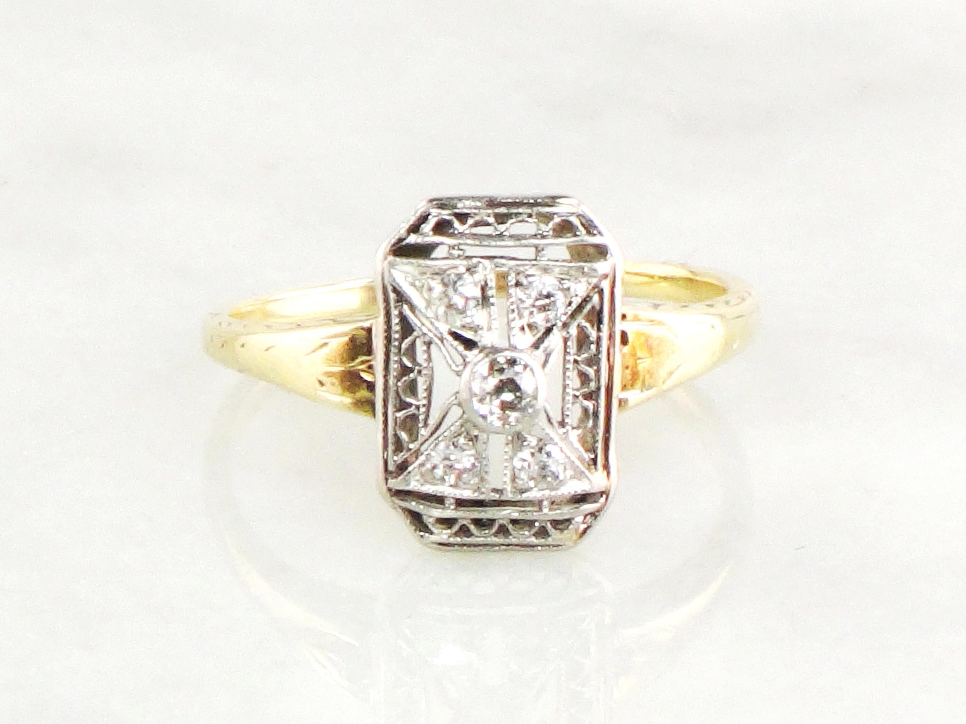 Antique 14k & Platinum Diamond Ring: 1920s Art Deco Old Mine Cut