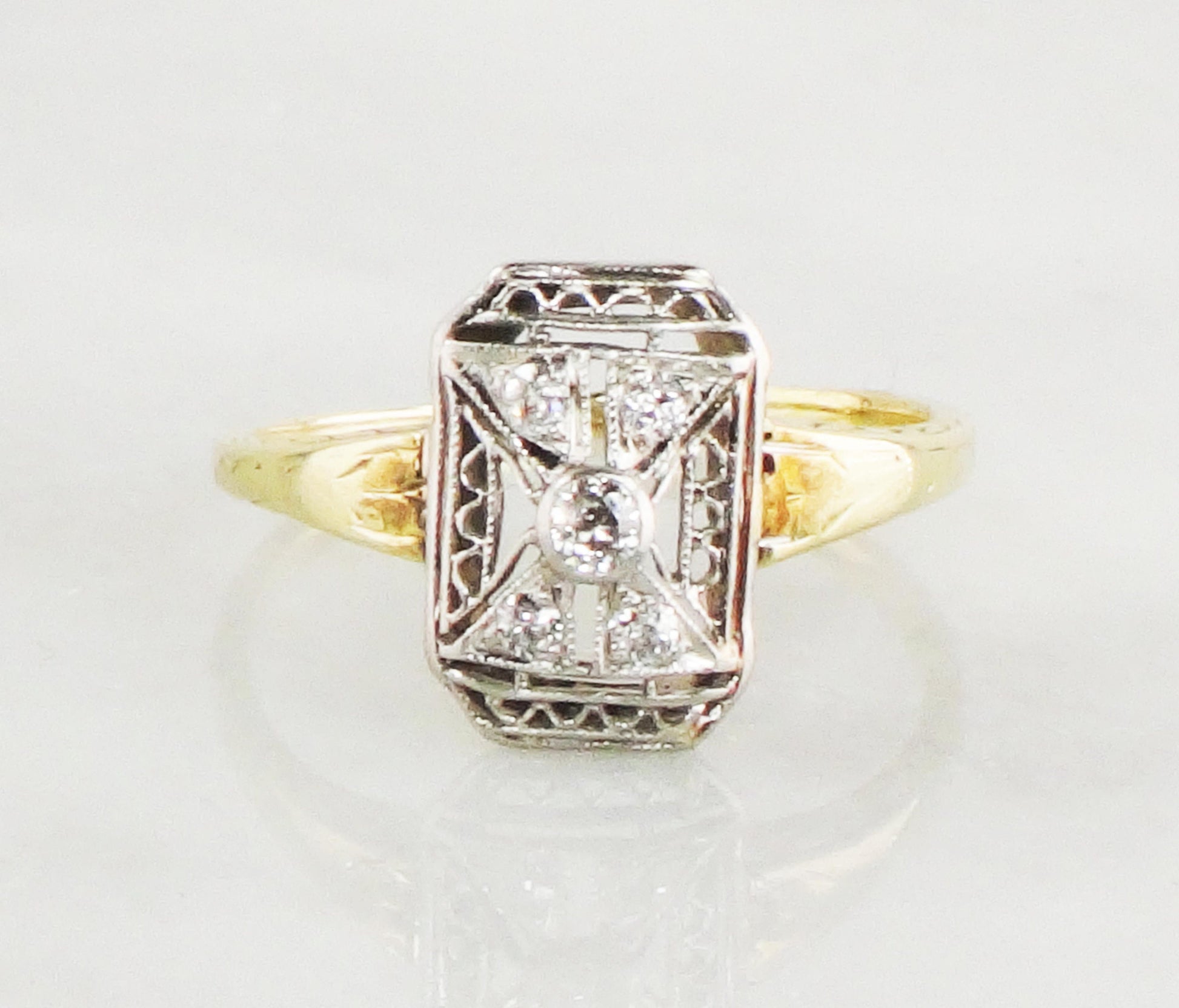 Antique 14k & Platinum Diamond Ring: 1920s Art Deco Old Mine Cut