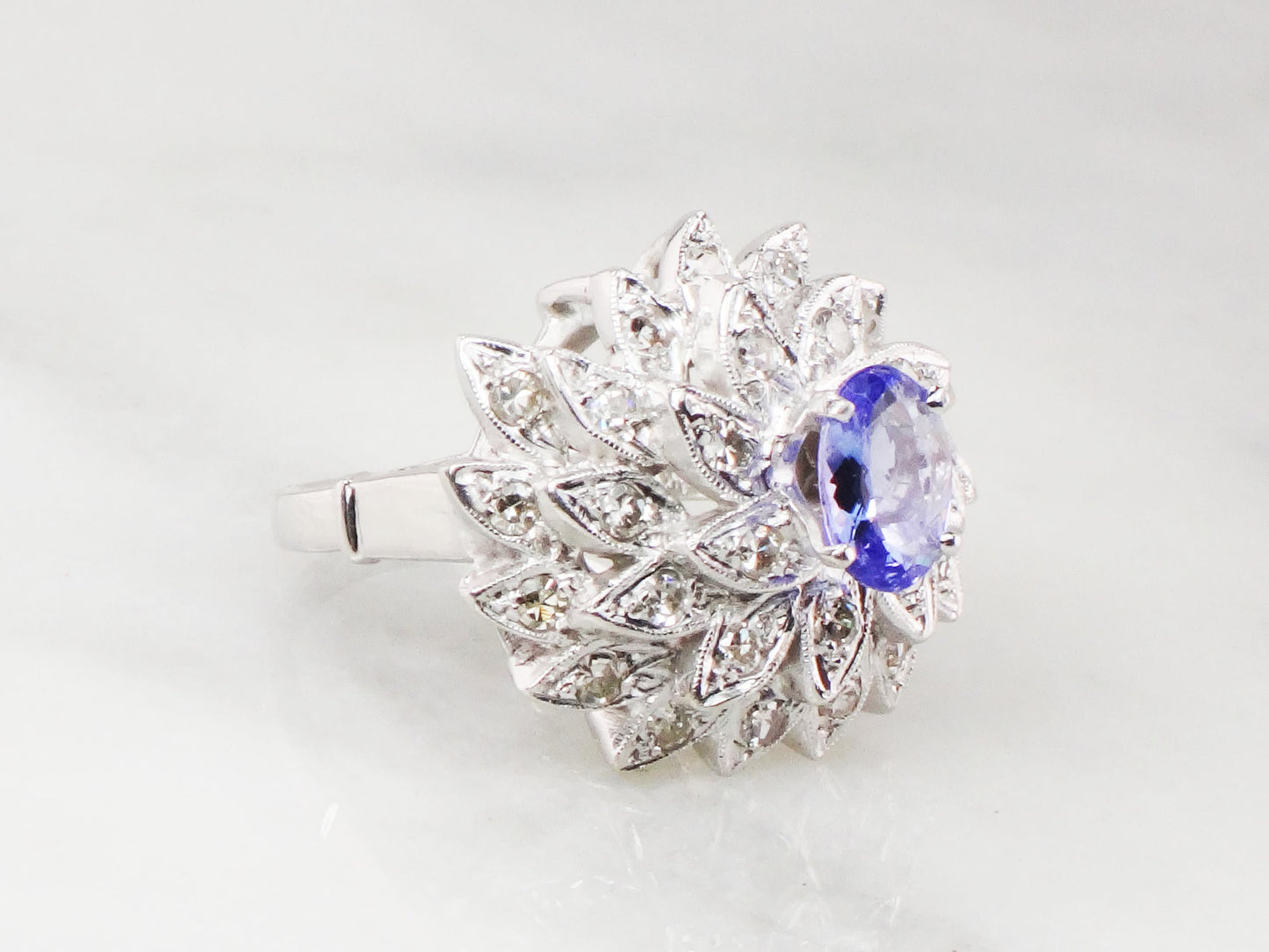 Vintage 14k White Gold Tanzanite and Diamond Ring Large Floral Cocktail Ring Natural Diamond and Tanzanite Dinner Ring