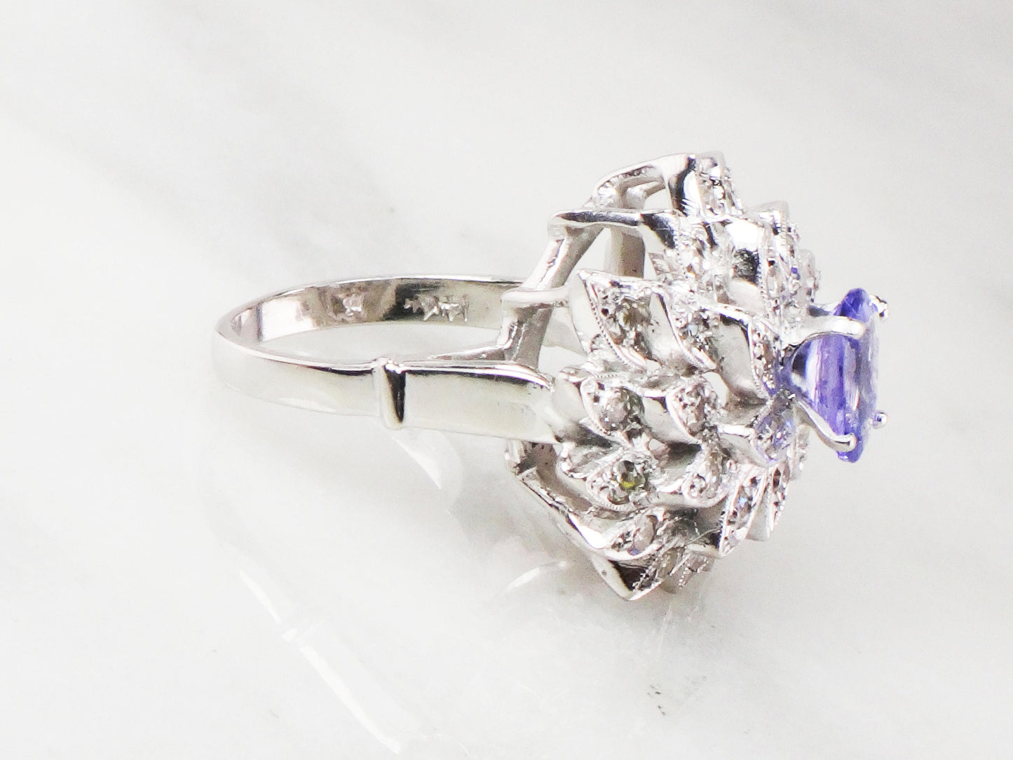 Vintage 14k White Gold Tanzanite and Diamond Ring Large Floral Cocktail Ring Natural Diamond and Tanzanite Dinner Ring