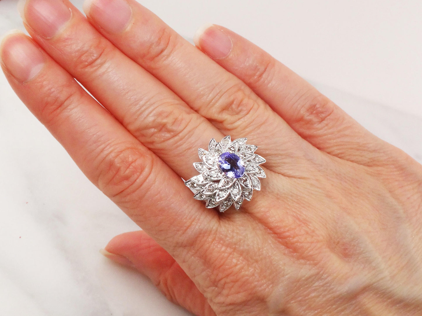 Vintage 14k White Gold Tanzanite and Diamond Ring Large Floral Cocktail Ring Natural Diamond and Tanzanite Dinner Ring