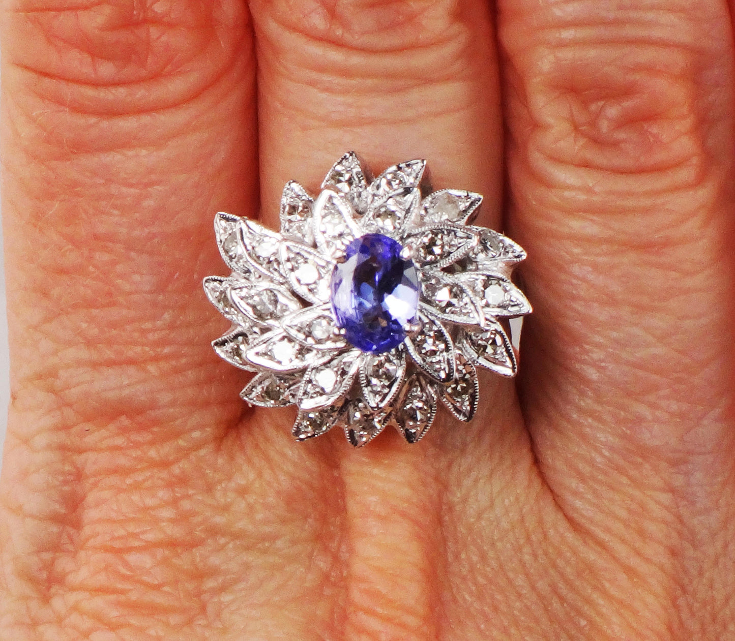 Vintage 14k White Gold Tanzanite and Diamond Ring Large Floral Cocktail Ring Natural Diamond and Tanzanite Dinner Ring