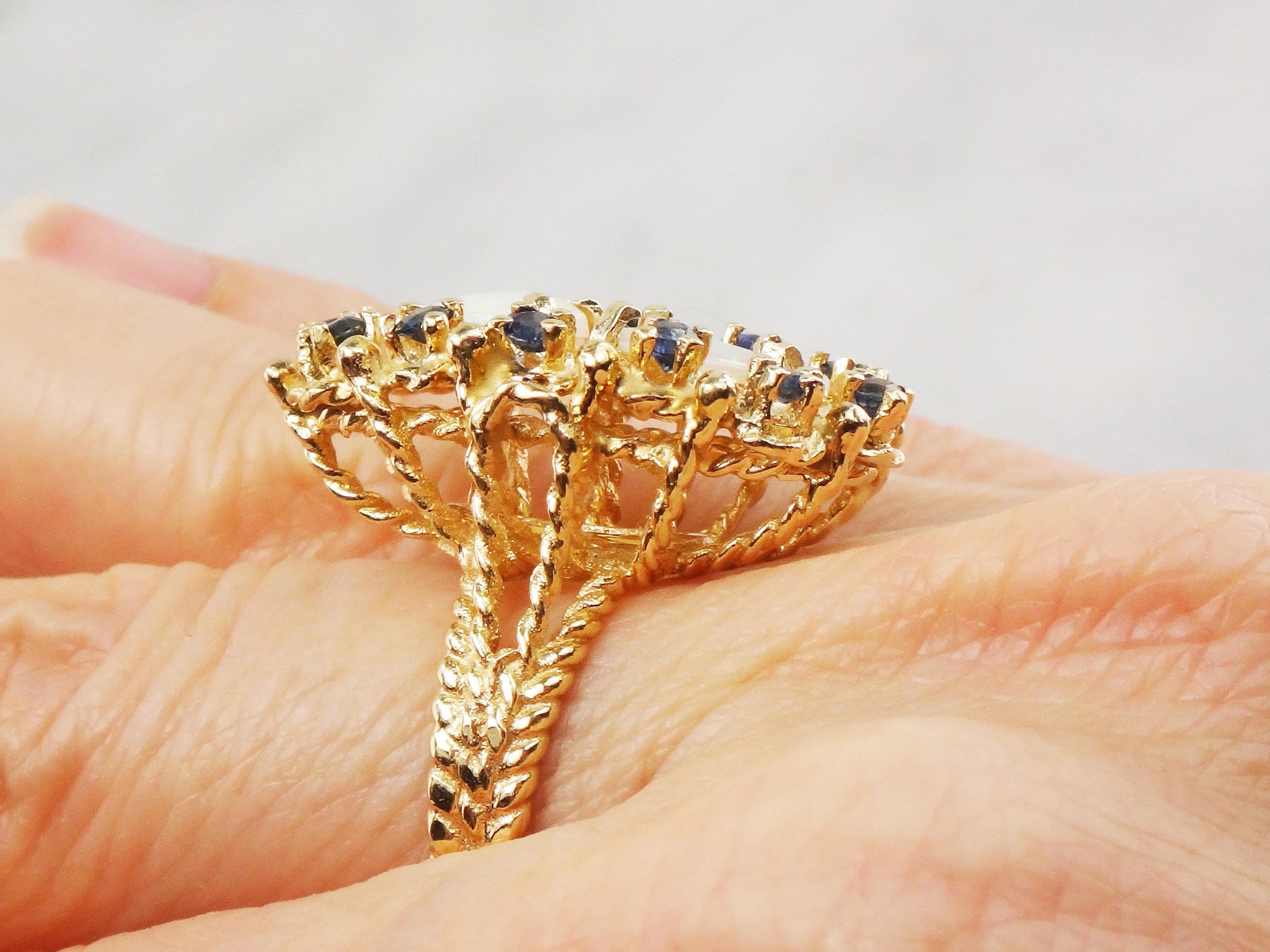 Vintage 14k Yellow Gold Natural Opal and Sapphire Ring, October Birthstone