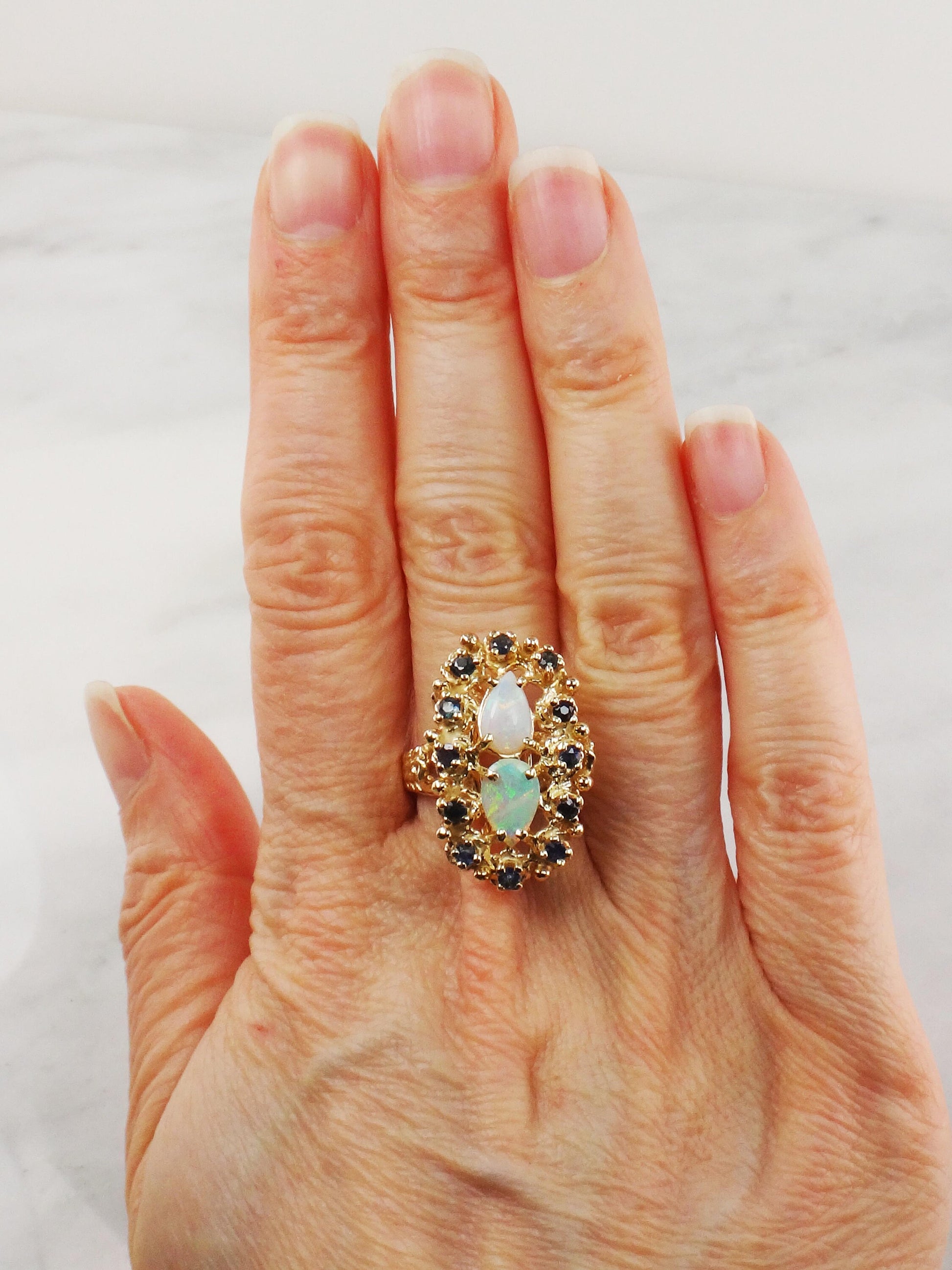 Vintage 14k Yellow Gold Natural Opal and Sapphire Ring, October Birthstone