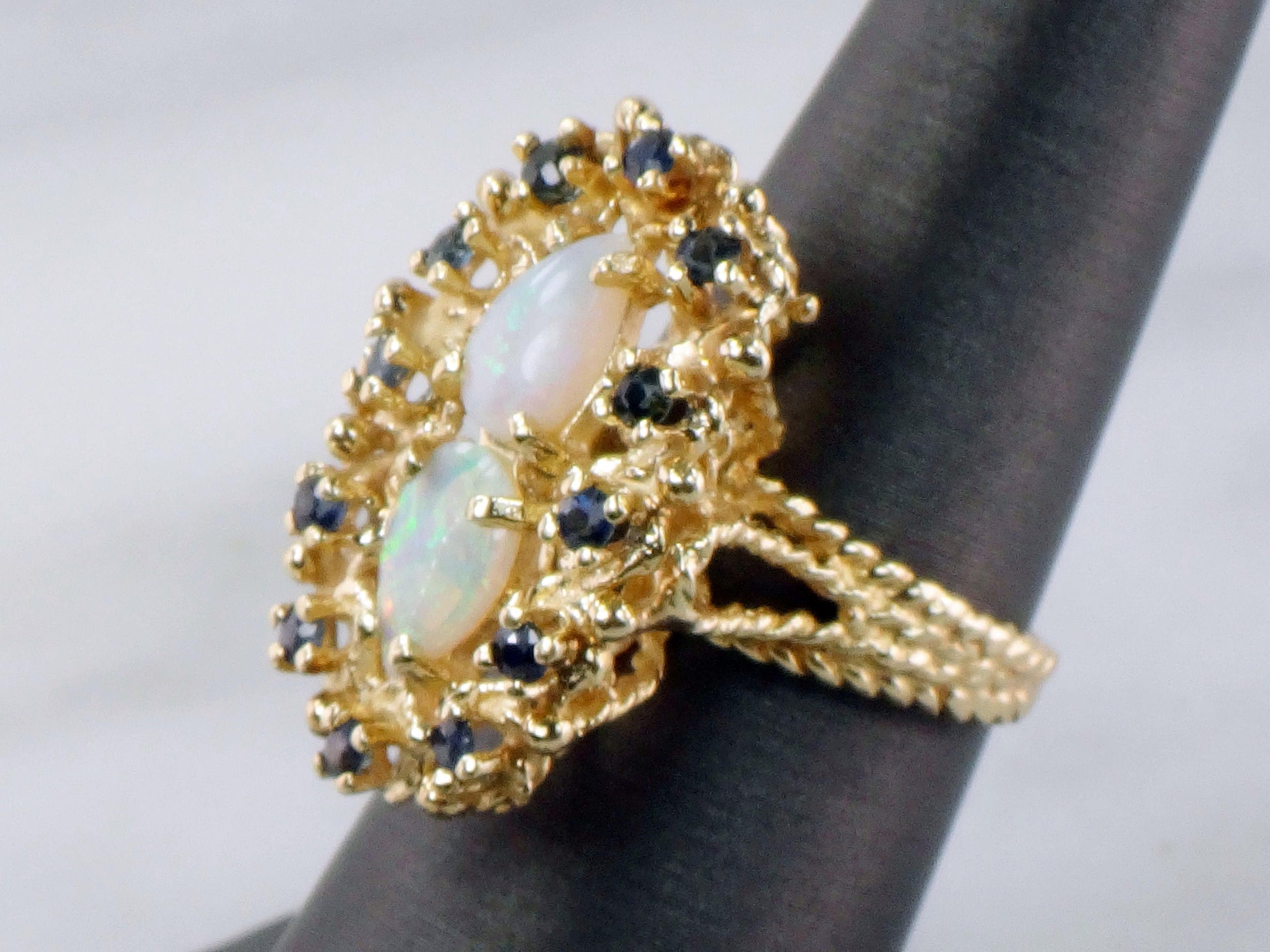 Vintage 14k Yellow Gold Natural Opal and Sapphire Ring, October Birthstone