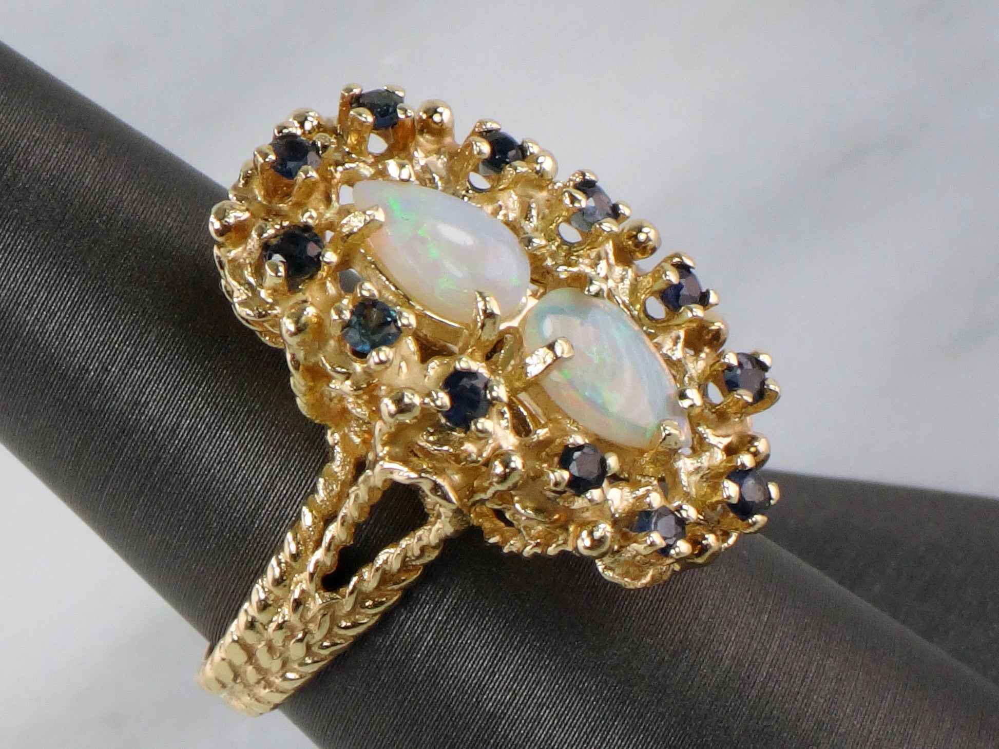 Vintage 14k Yellow Gold Natural Opal and Sapphire Ring, October Birthstone
