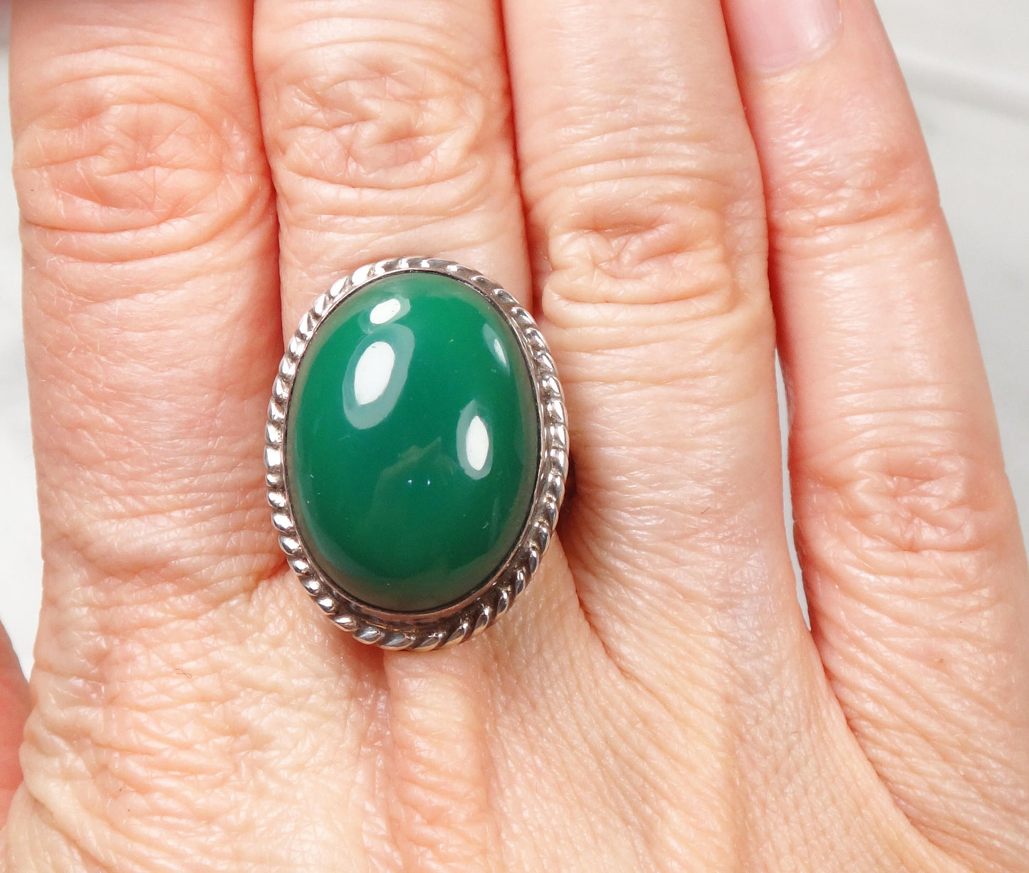 Vintage Sterling Green Stone Ring Large Sterling Silver Glass Ring Faux Jade Ring Mexico Silver Ring Southwestern Ring Statement Ring