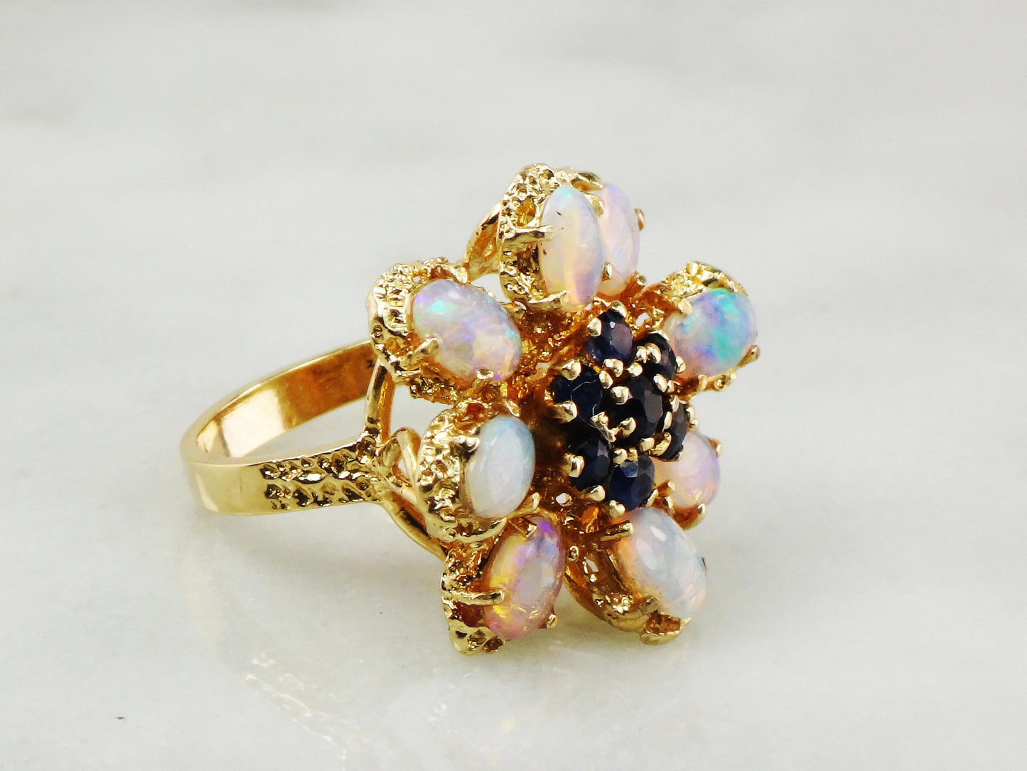 Vintage 14k Yellow Gold Natural Opal and Sapphire Cluster Ring - Floral Fiery Opal Ring - October Birthstone Size 6.5