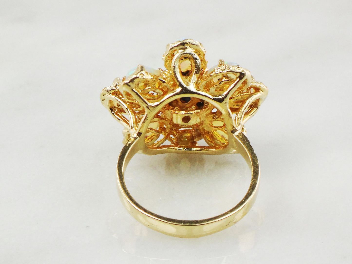 Vintage 14k Yellow Gold Natural Opal and Sapphire Cluster Ring - Floral Fiery Opal Ring - October Birthstone Size 6.5