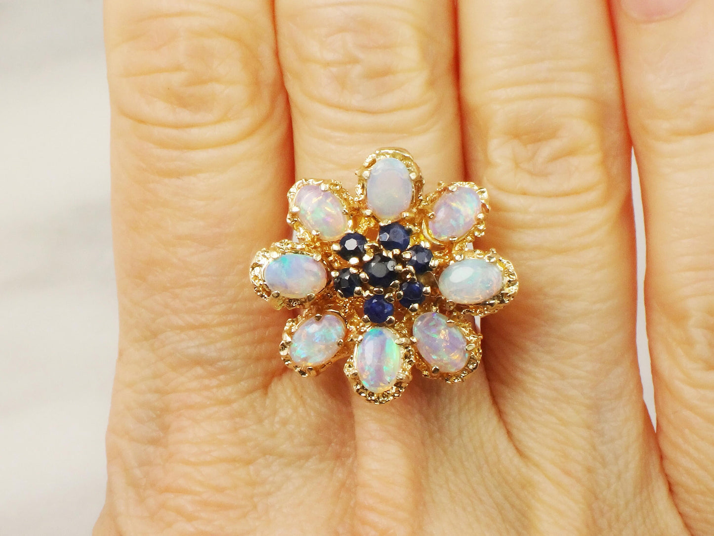 Vintage 14k Yellow Gold Natural Opal and Sapphire Cluster Ring - Floral Fiery Opal Ring - October Birthstone Size 6.5