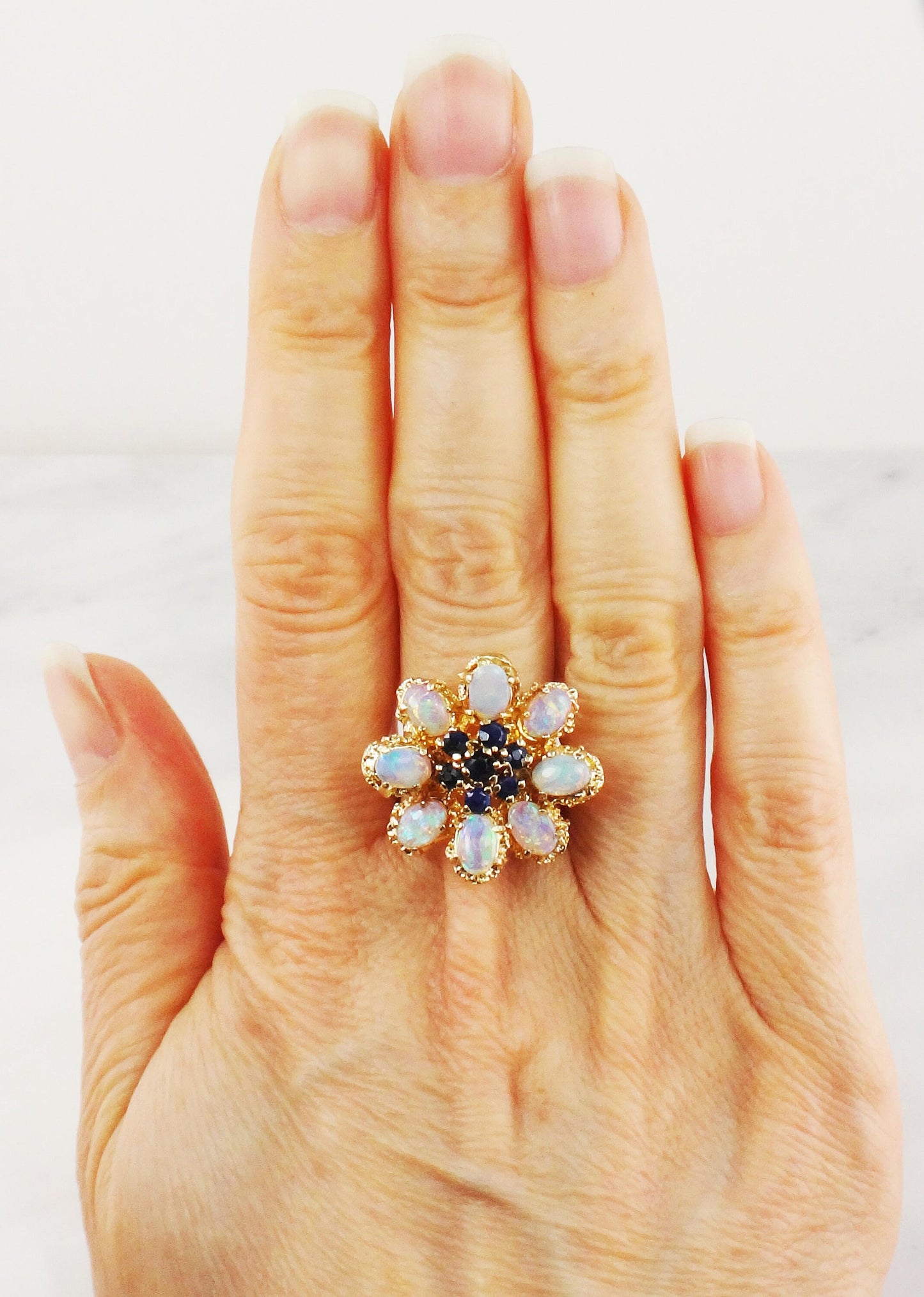 Vintage 14k Yellow Gold Natural Opal and Sapphire Cluster Ring - Floral Fiery Opal Ring - October Birthstone Size 6.5