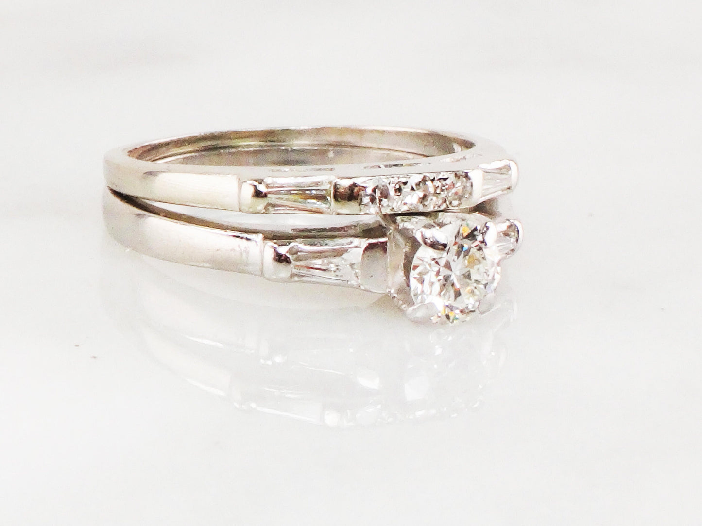 Vintage Diamond Wedding Ring Set: Platinum Engagement Ring, 14k Gold Band