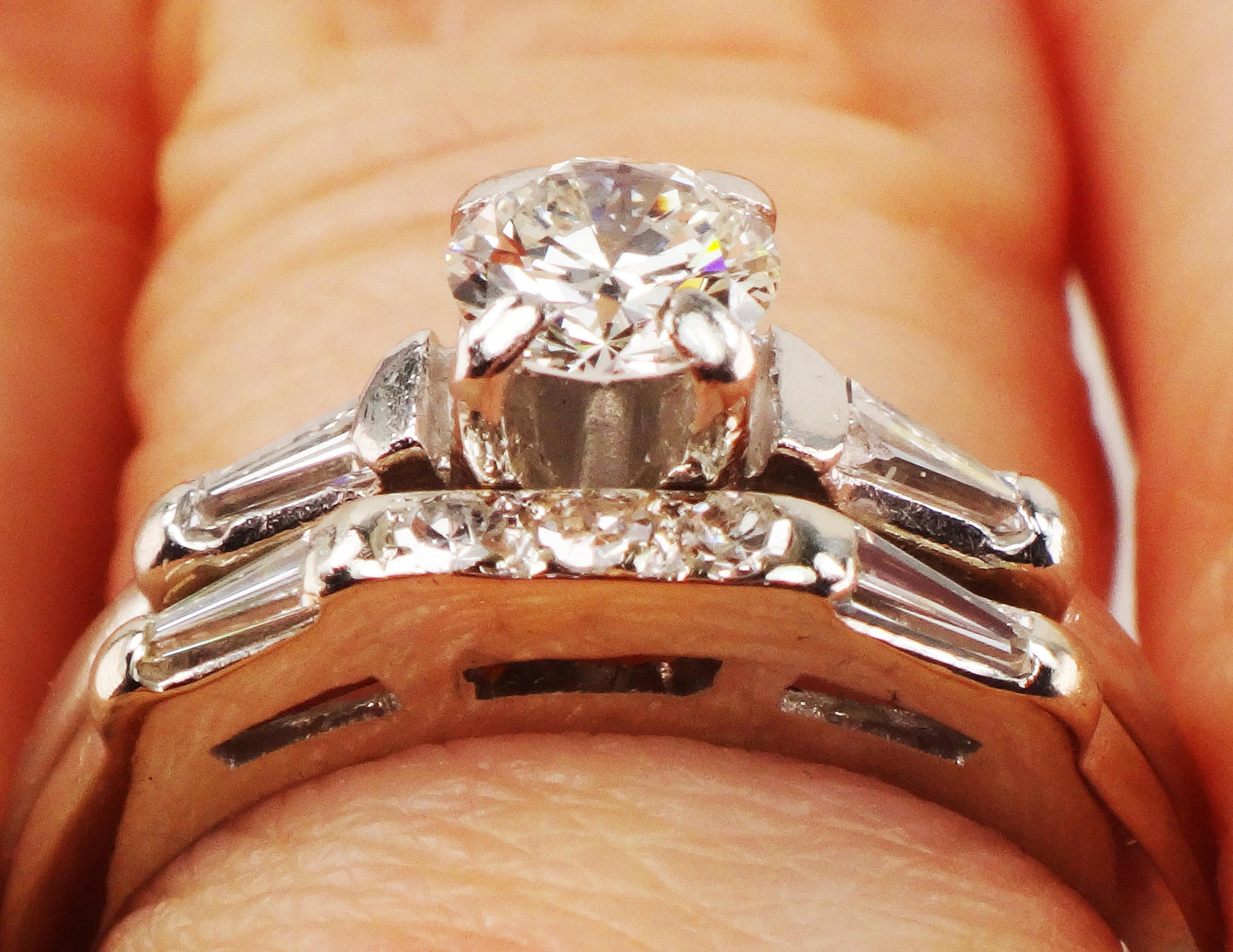 Vintage Diamond Wedding Ring Set: Platinum Engagement Ring, 14k Gold Band