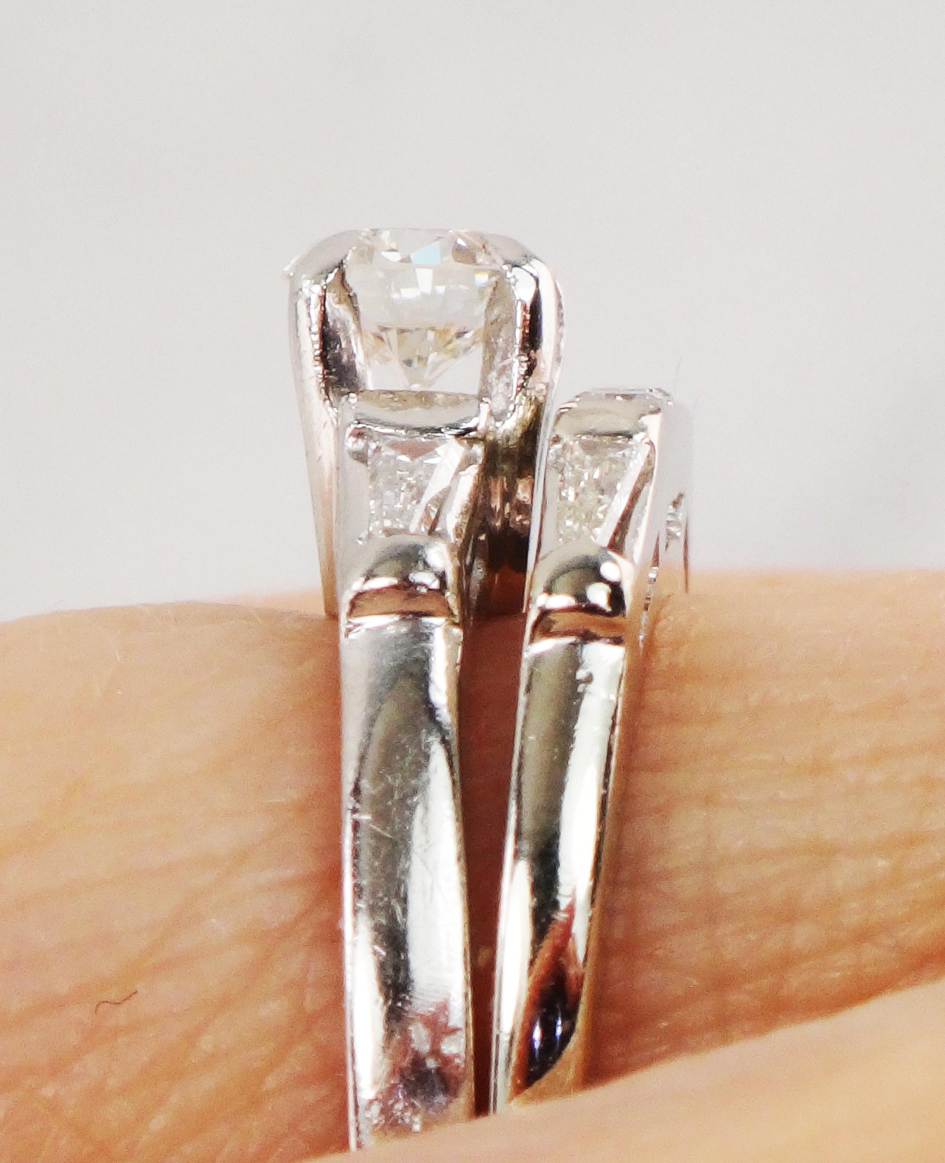 Vintage Diamond Wedding Ring Set: Platinum Engagement Ring, 14k Gold Band