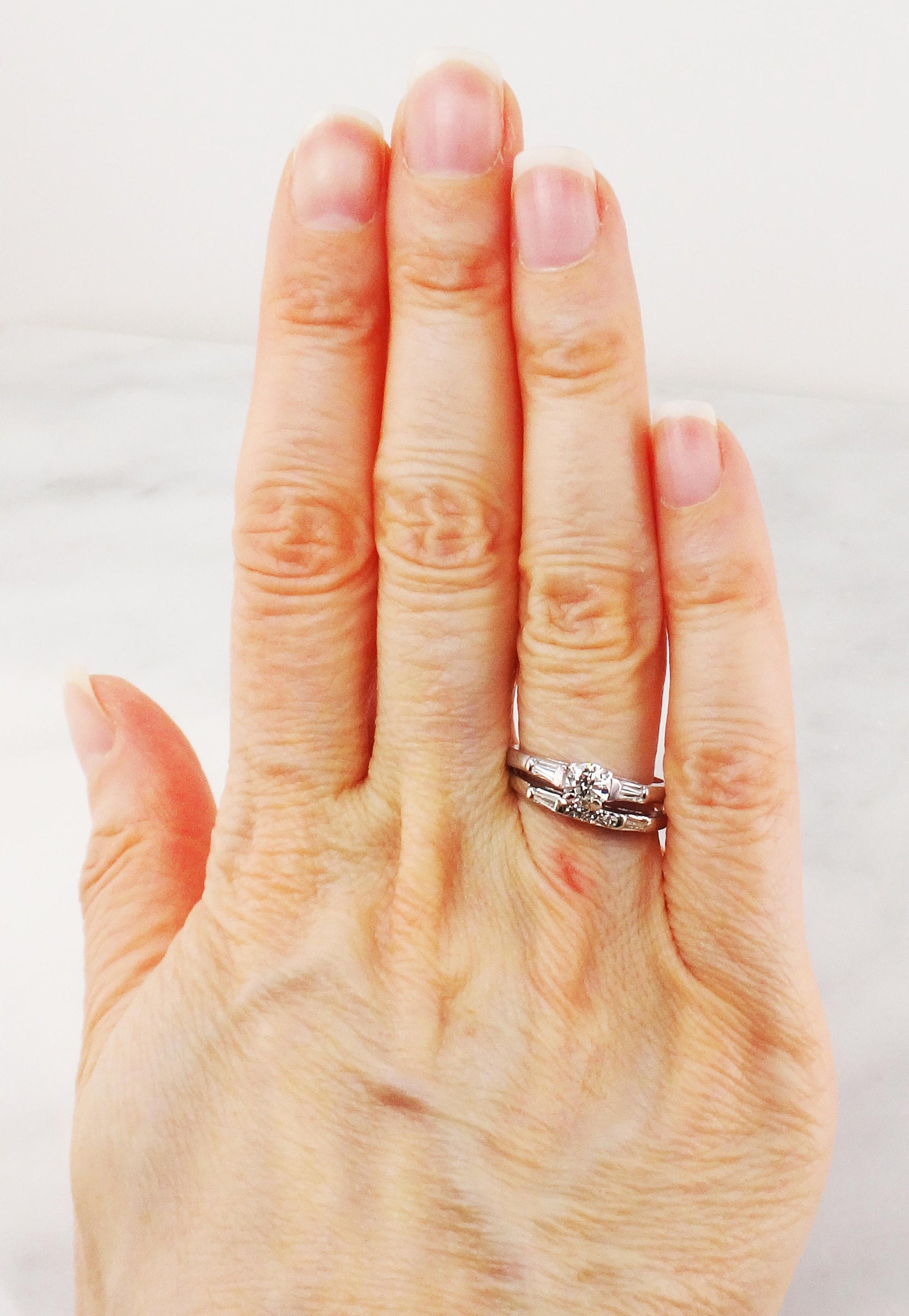 Vintage Diamond Wedding Ring Set: Platinum Engagement Ring, 14k Gold Band