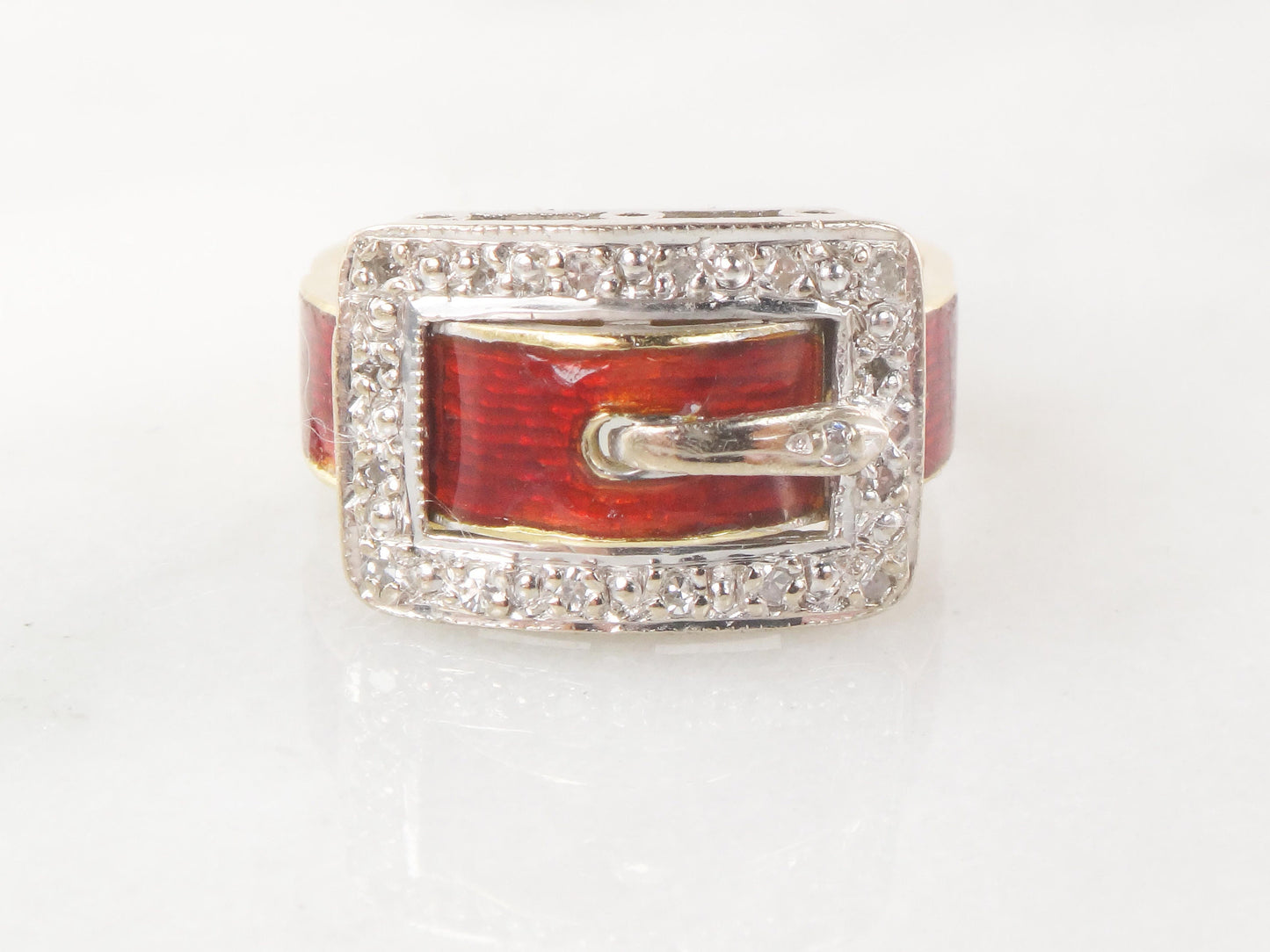 Vintage 18k Gold Diamond Buckle Ring with Red Enamel Hallmarked London England Buckle Wedding Band Wedding Ring Size 5.5