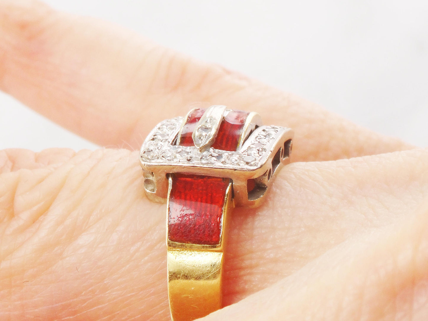 Vintage 18k Gold Diamond Buckle Ring with Red Enamel Hallmarked London England Buckle Wedding Band Wedding Ring Size 5.5