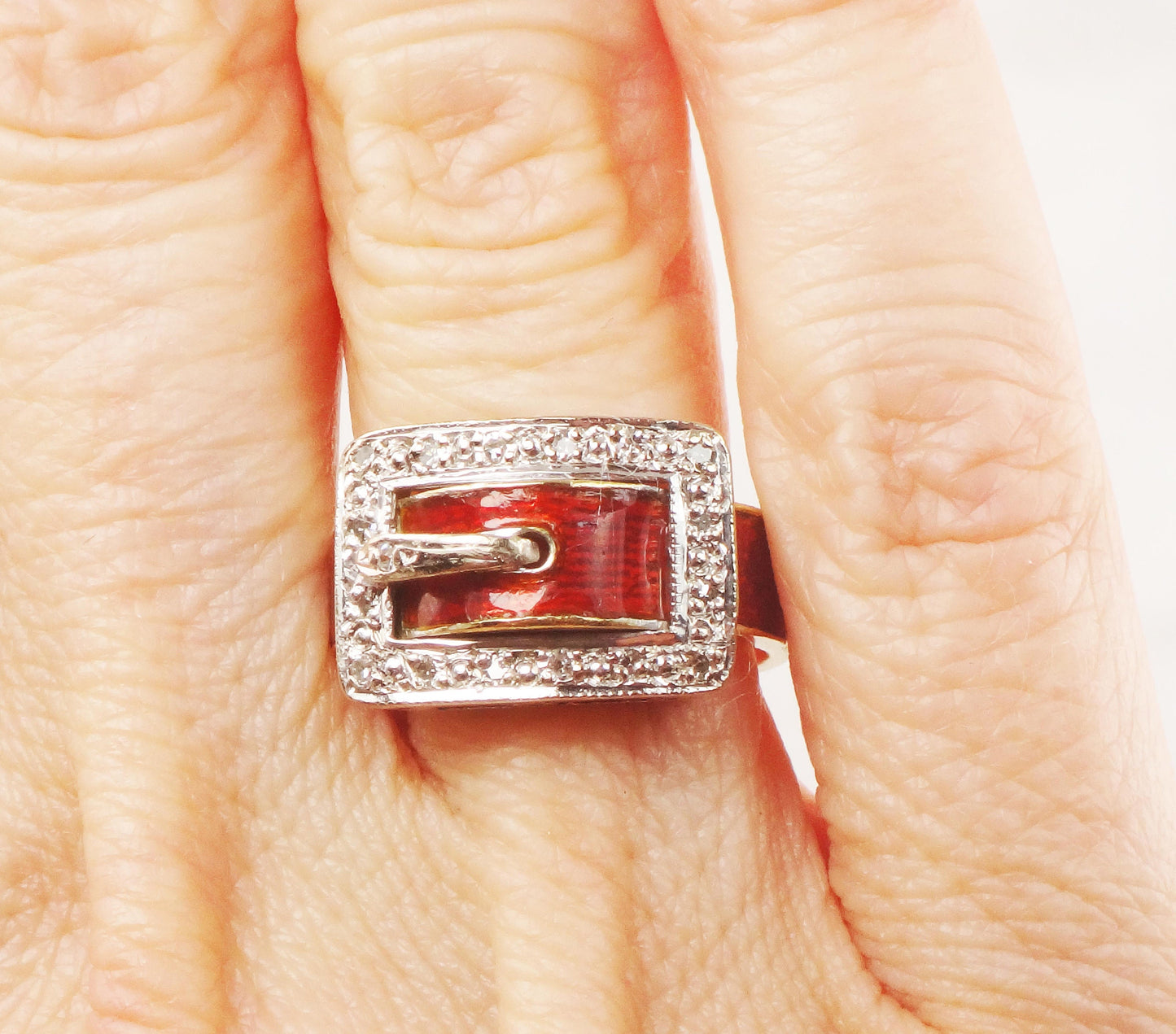 Vintage 18k Gold Diamond Buckle Ring with Red Enamel Hallmarked London England Buckle Wedding Band Wedding Ring Size 5.5