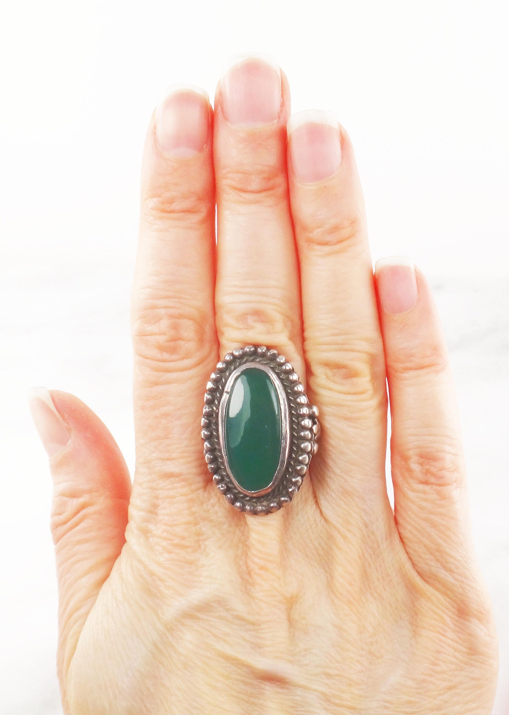 Vintage Sterling Silver Green Glass Ring - Size 5 1/2