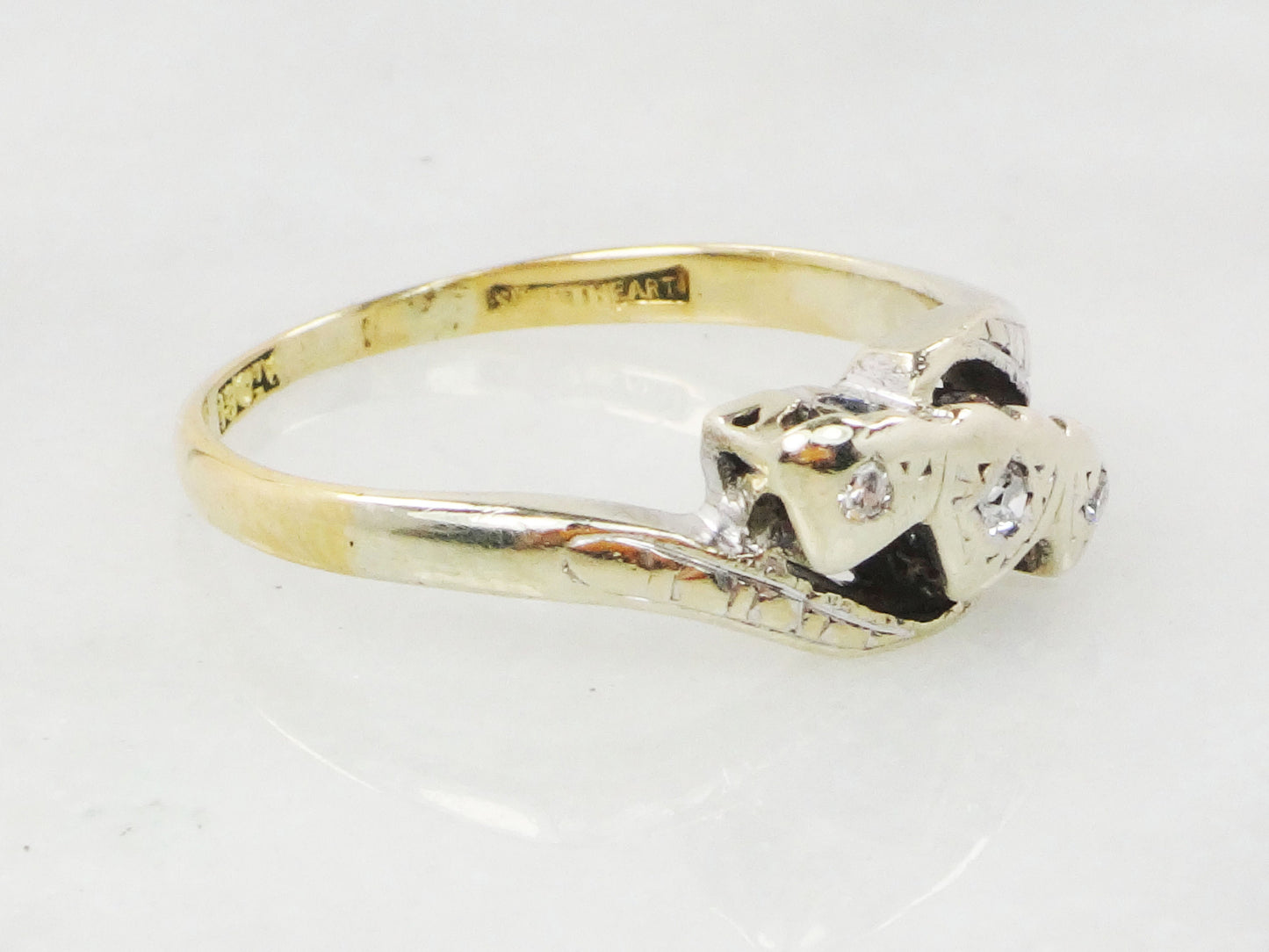 Vintage 18k Diamond Ring Art Deco Triple Heart Ring Promise Ring Petite Diamond Ring Size 5.5