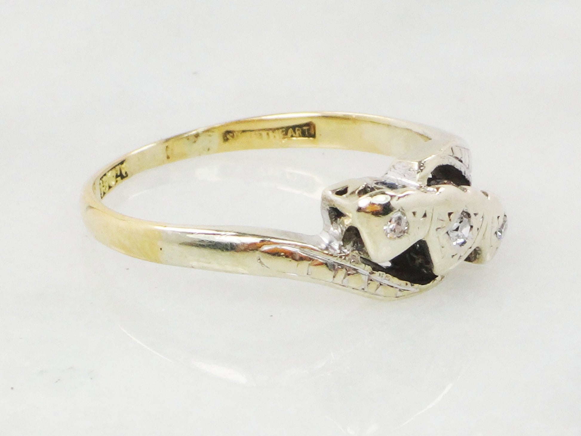 Vintage 18k Diamond Art Deco Ring: Triple Heart Promise Ring, Size 5.5