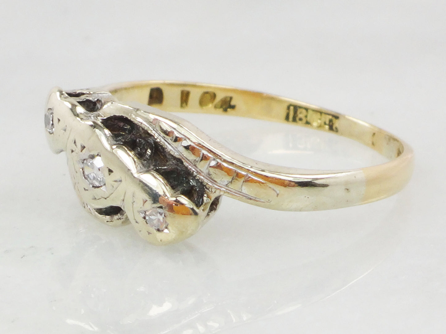 Vintage 18k Diamond Art Deco Ring: Triple Heart Promise Ring, Size 5.5