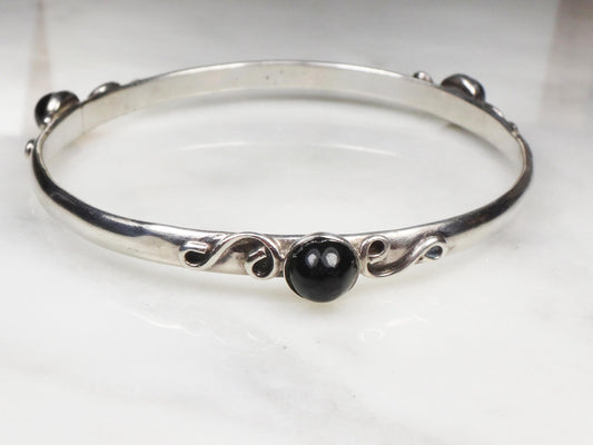 Vintage Sterling Silver Bangle Bracelet: Black Glass Stone, Mexico