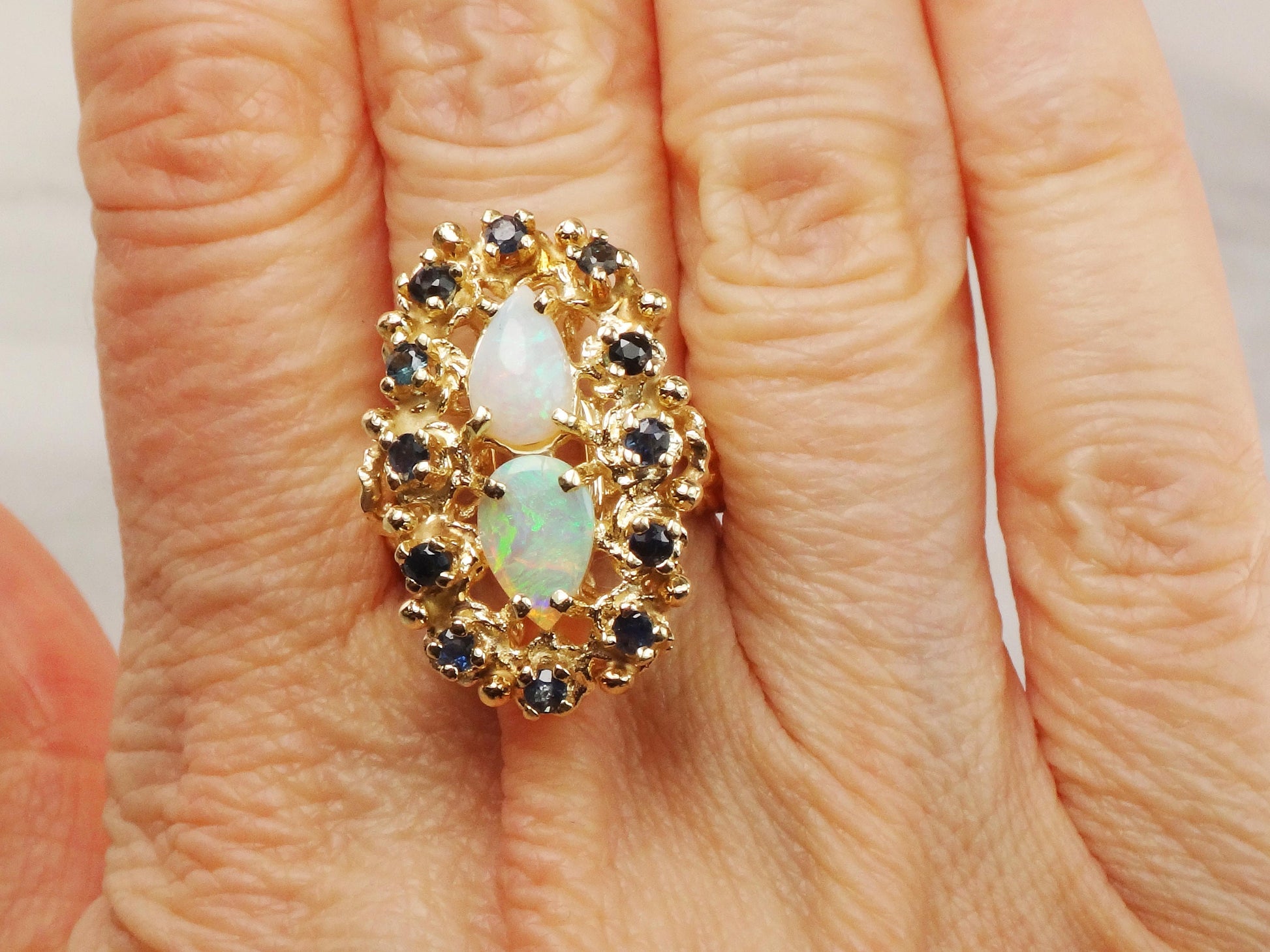 Vintage 14k Yellow Gold Natural Opal and Sapphire Ring, October Birthstone