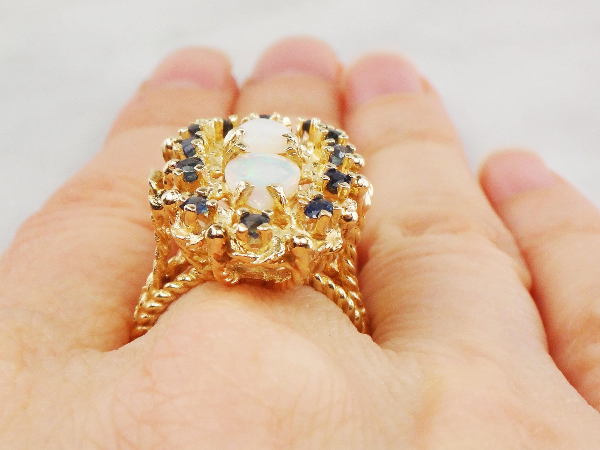 Vintage 14k Yellow Gold Natural Opal and Sapphire Ring, October Birthstone