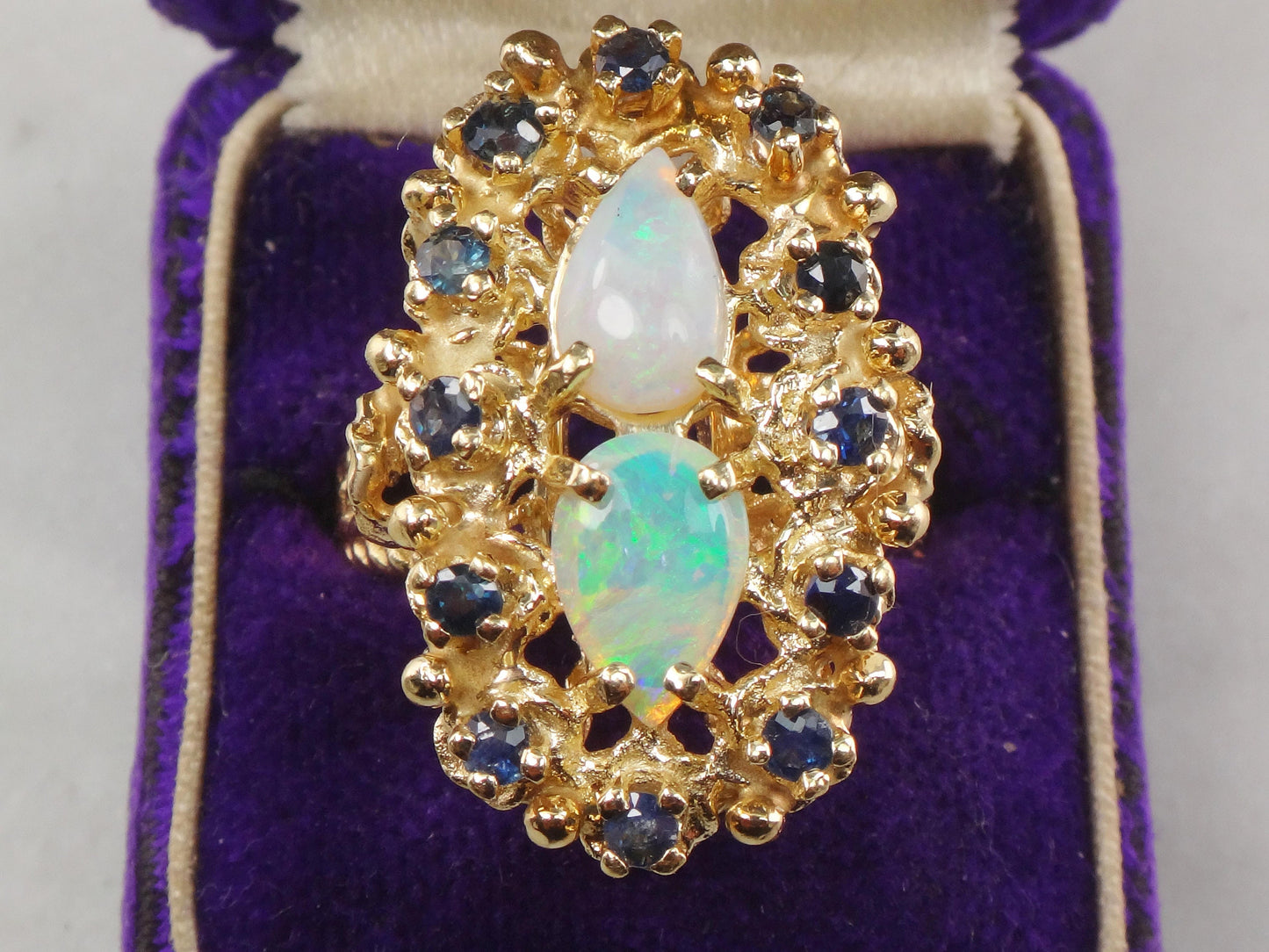 Vintage 14k Yellow Gold Natural Opal and Sapphire Ring, October Birthstone