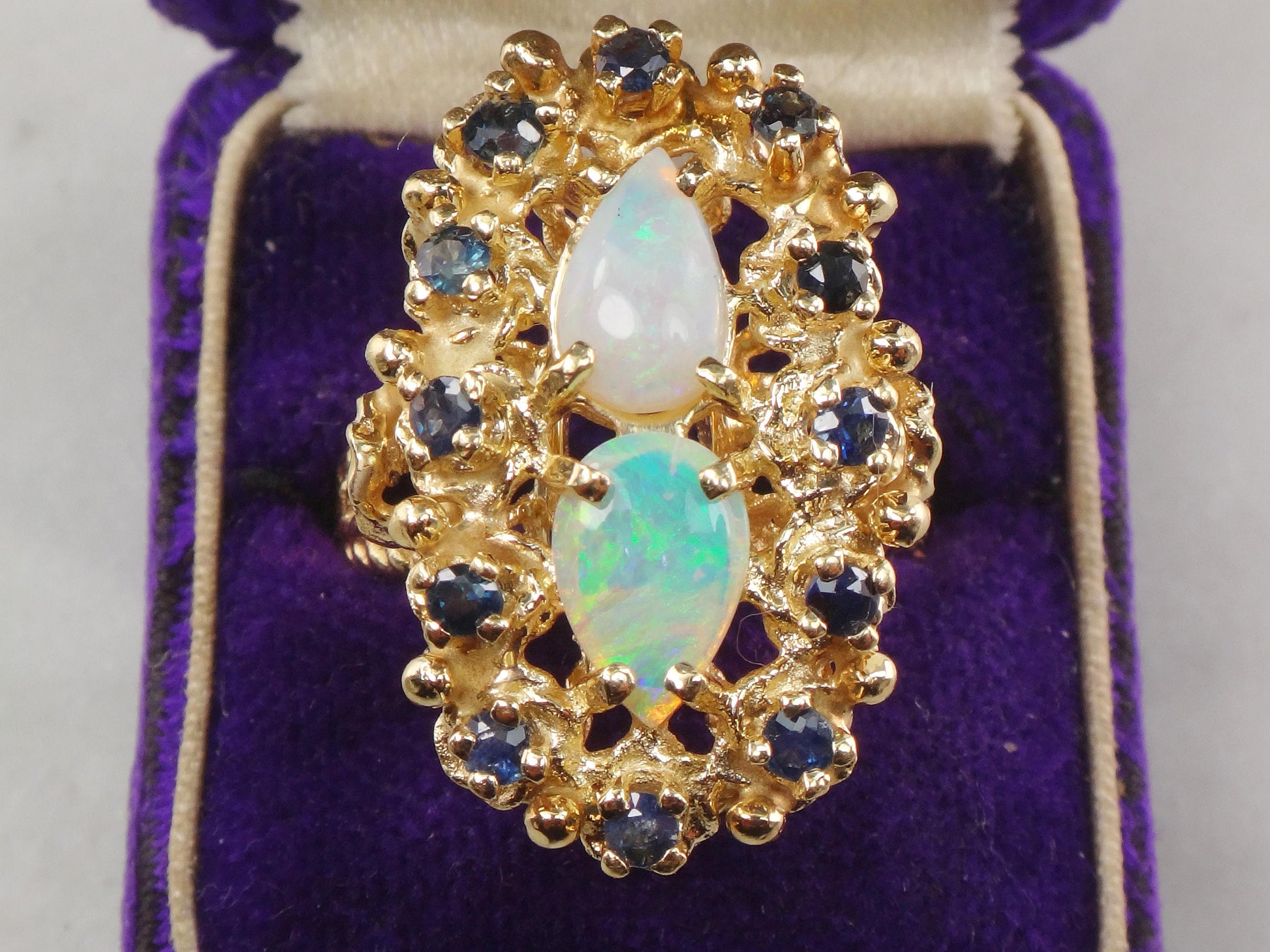 Vintage 14k Yellow Gold Natural Opal and Sapphire Ring, October Birthstone