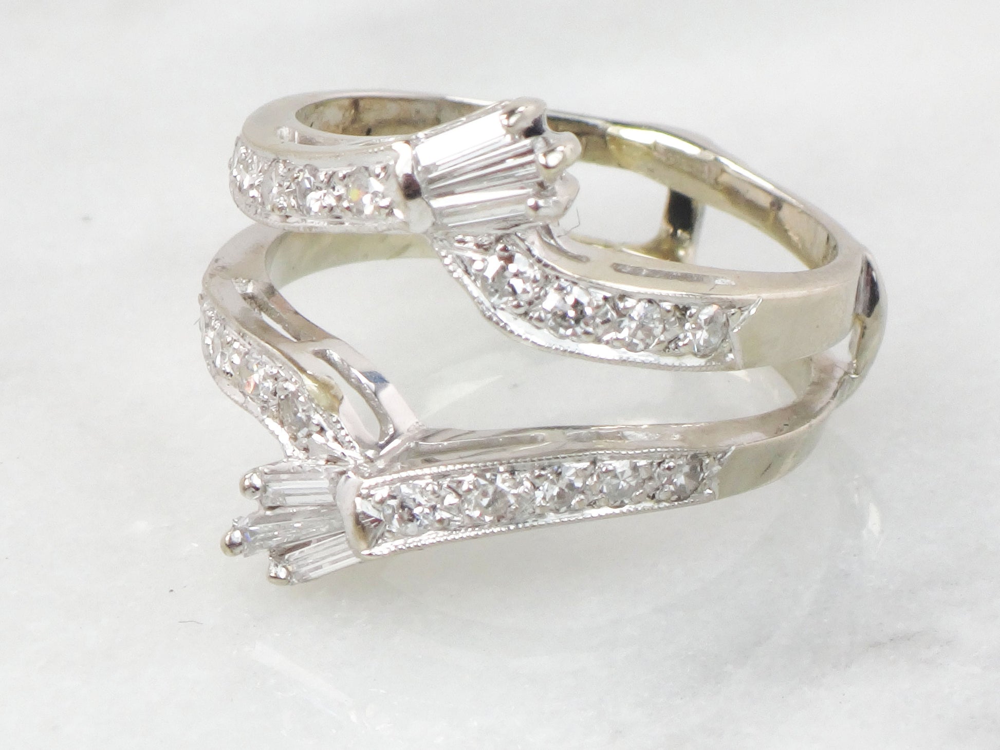 Vintage Freeman 14k White Gold Diamond Insert Ring: Baguette & Round Cut Wedding Band