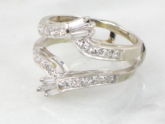 Vintage Freeman 14k White Gold Diamond Insert Ring: Baguette & Round Cut Wedding Band