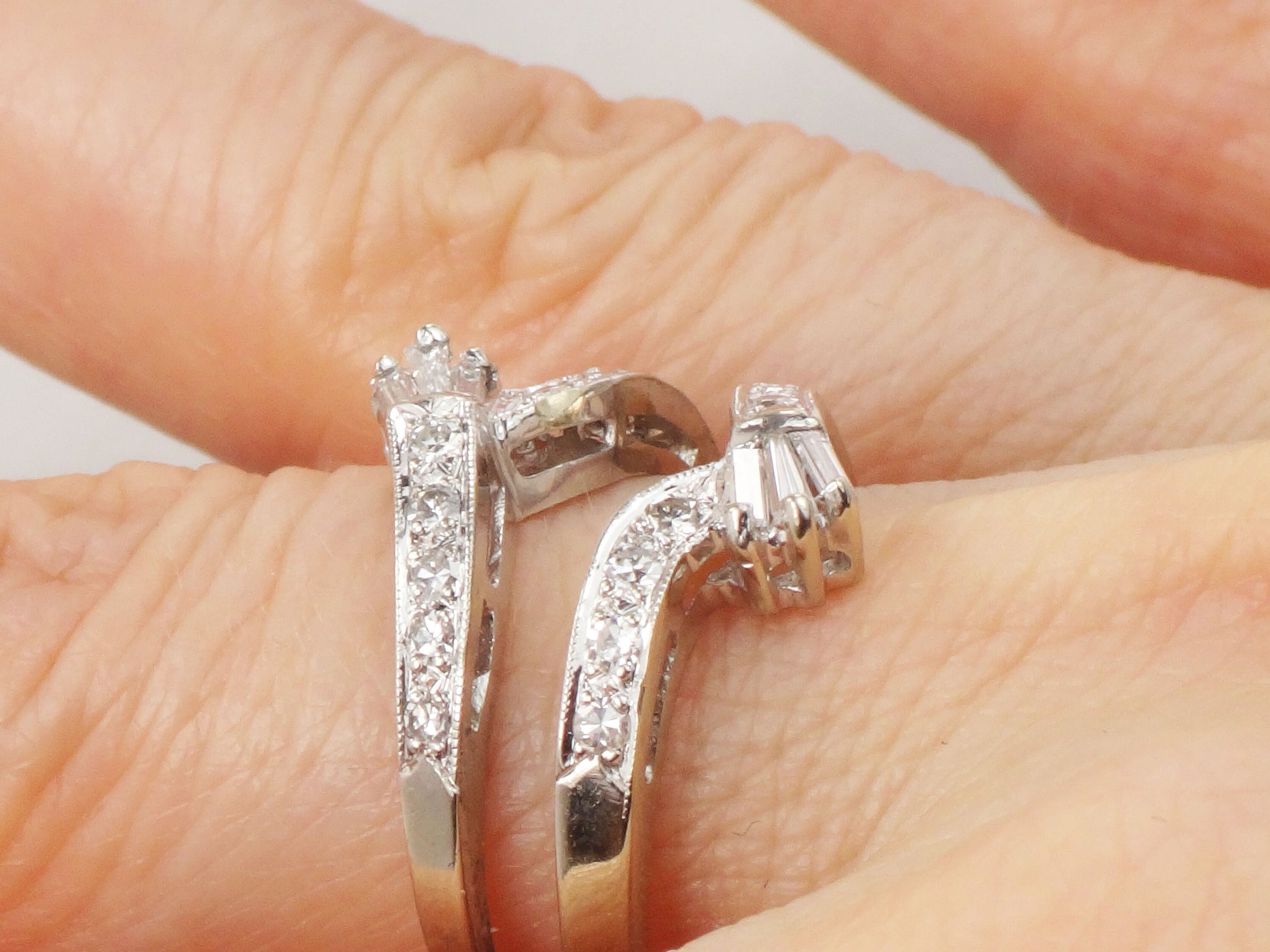Vintage Freeman 14k White Gold Diamond Insert Ring: Baguette & Round Cut Wedding Band