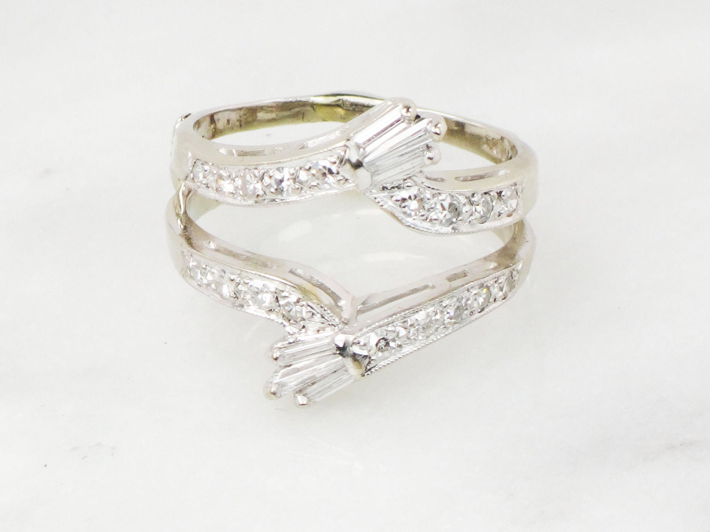 Vintage Freeman 14k White Gold Diamond Insert Ring: Baguette & Round Cut Wedding Band